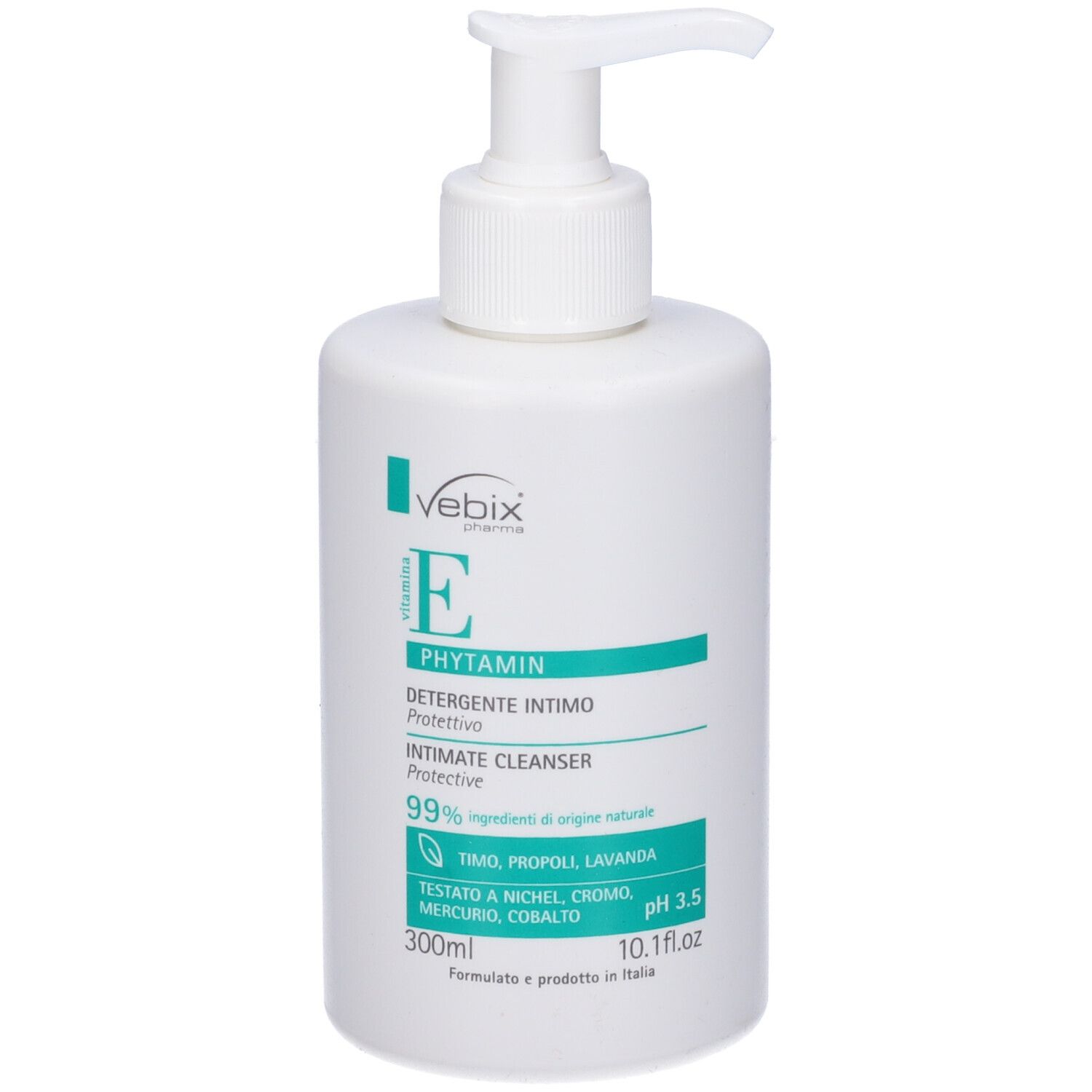 Flacone bianco con dosatore. Scritta: Vebix Phytamin E, detergente intimo, pH 3,5. 300ml.