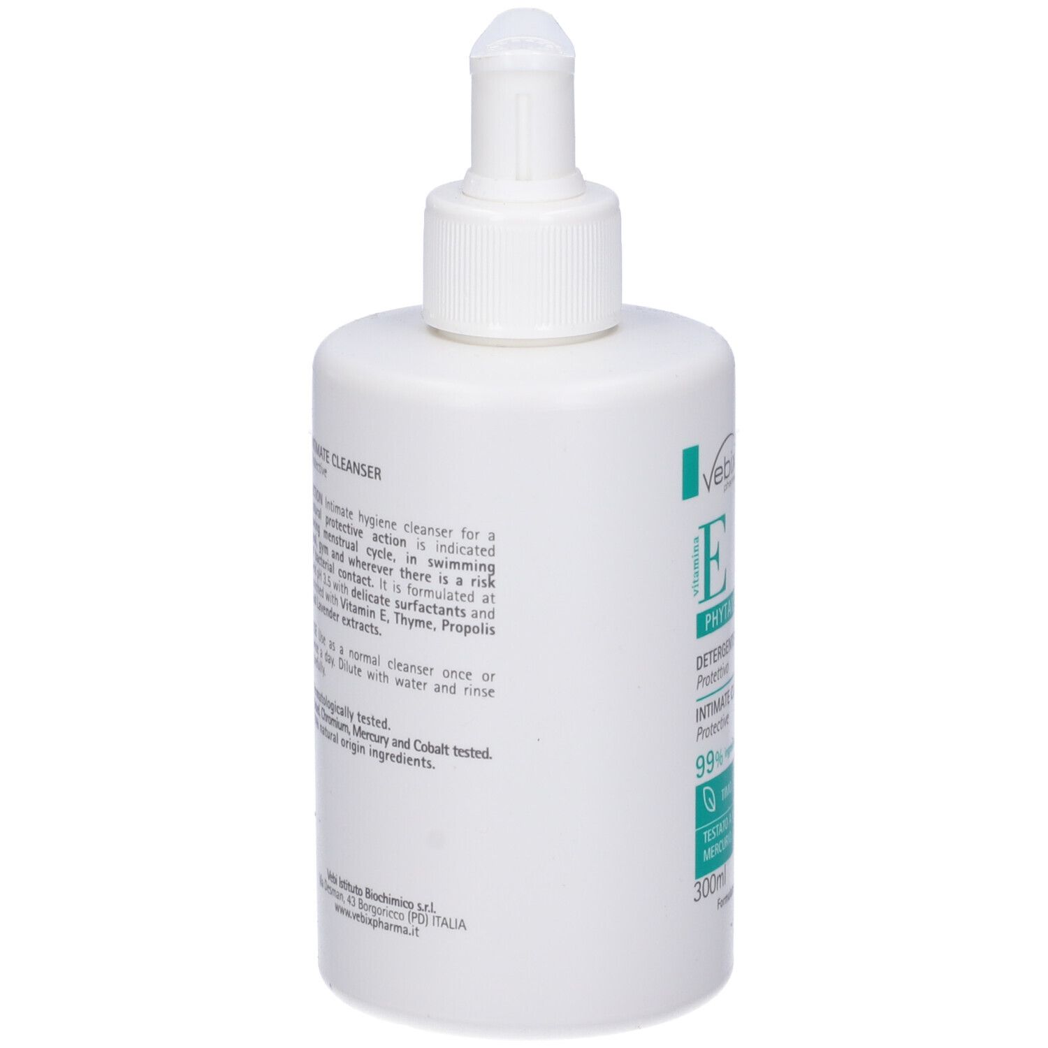 Flacone bianco con dosatore. Retro con testo. Scritta: Vebix Phytamin E, detergente intimo, 300ml.