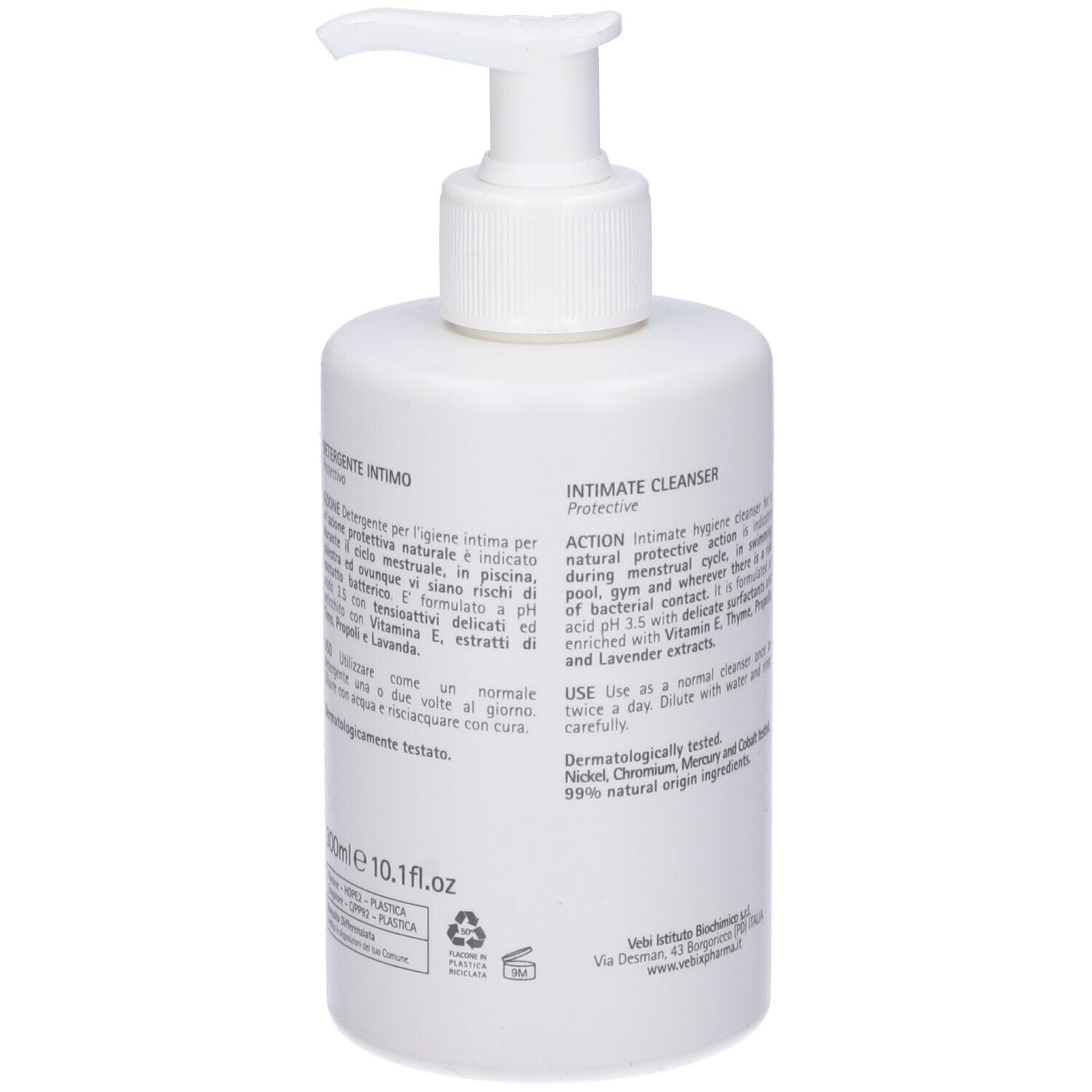 Flacone bianco con dosatore. Retro con testo. Scritta: Vebix Phytamin E, detergente intimo, 300ml.