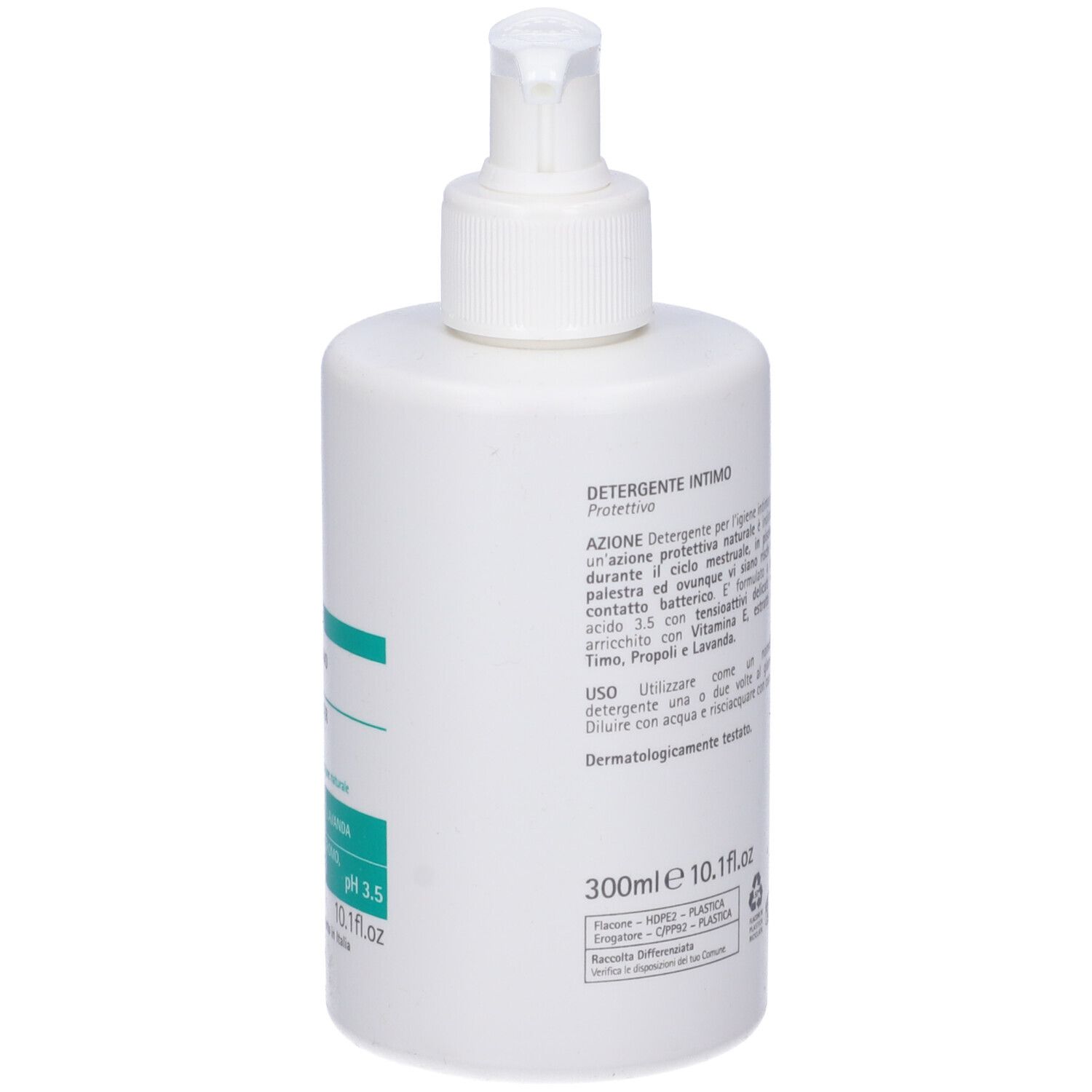 Flacone bianco con dosatore. Retro con testo. Scritta: Vebix Phytamin E, detergente intimo, 300ml.