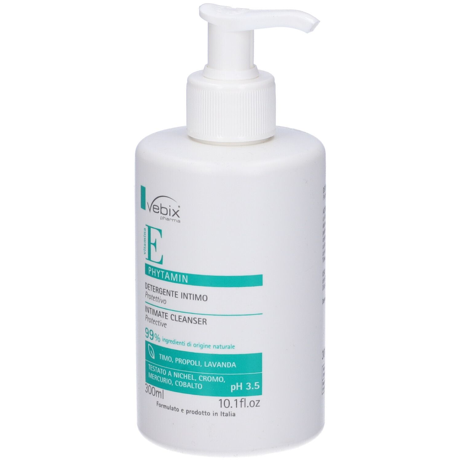 Flacone bianco con dosatore. Scritta: Vebix Phytamin E, detergente intimo, pH 3,5. 300ml.
