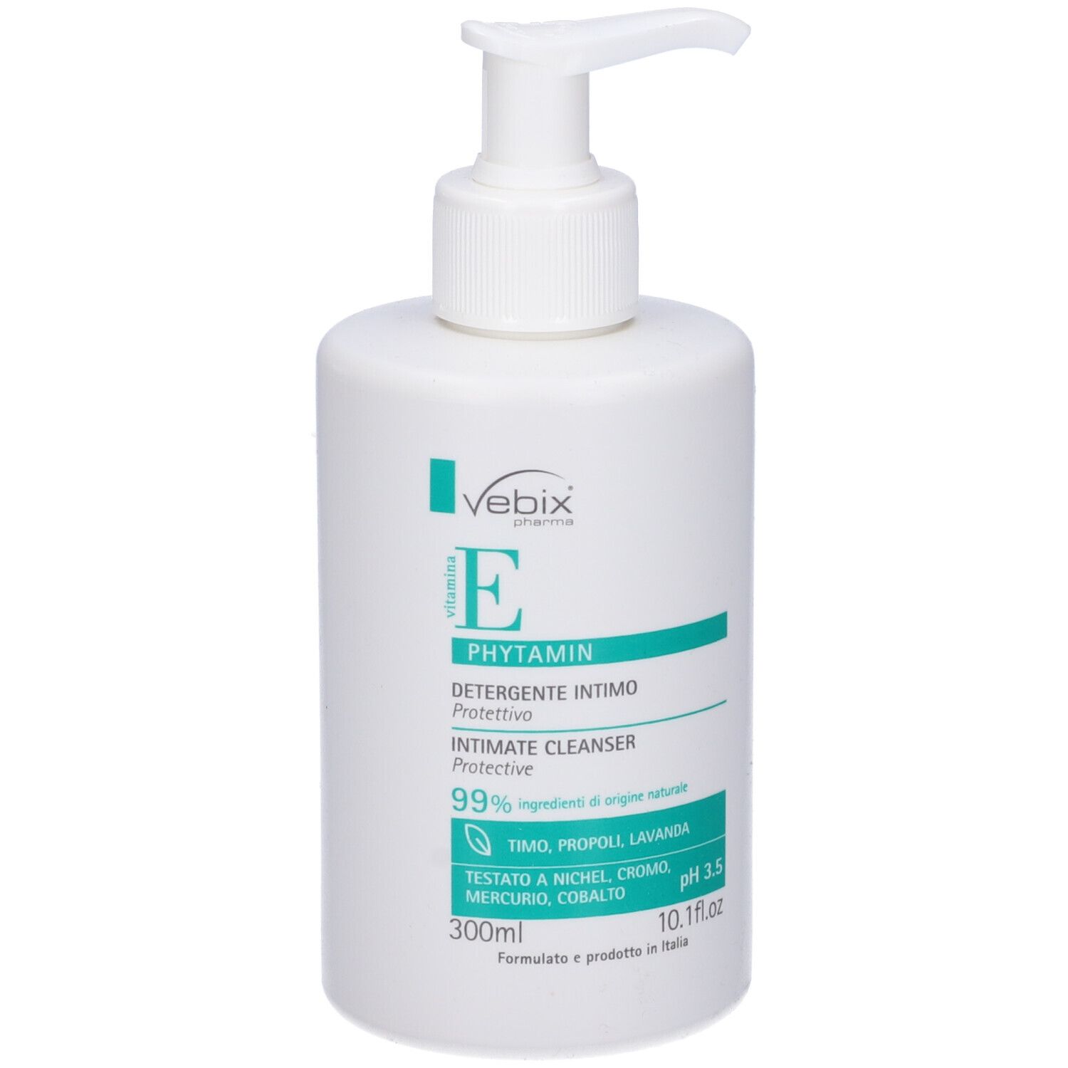 Flacone bianco con dosatore. Scritta: Vebix Phytamin E, detergente intimo, pH 3,5. 300ml.