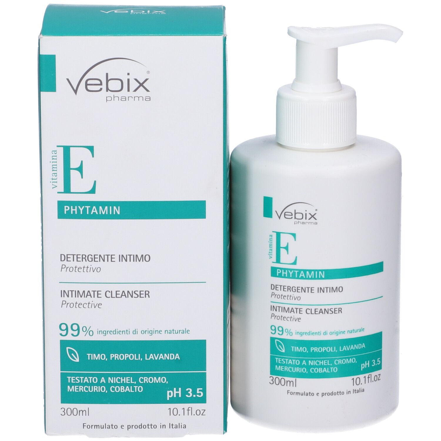 Confezione e flacone. Scritta: Vebix Phytamin E, detergente intimo, pH 3,5. 300ml.
