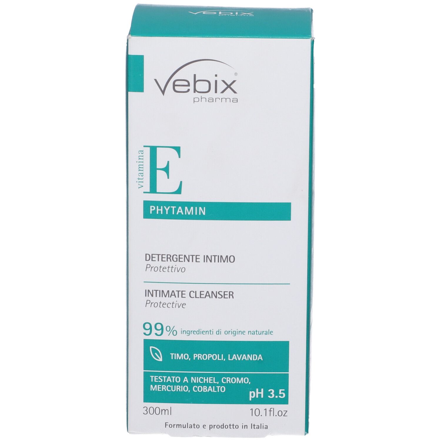Confezione del prodotto. Scritta: Vebix Phytamin E, detergente intimo, pH 3,5. 300ml.