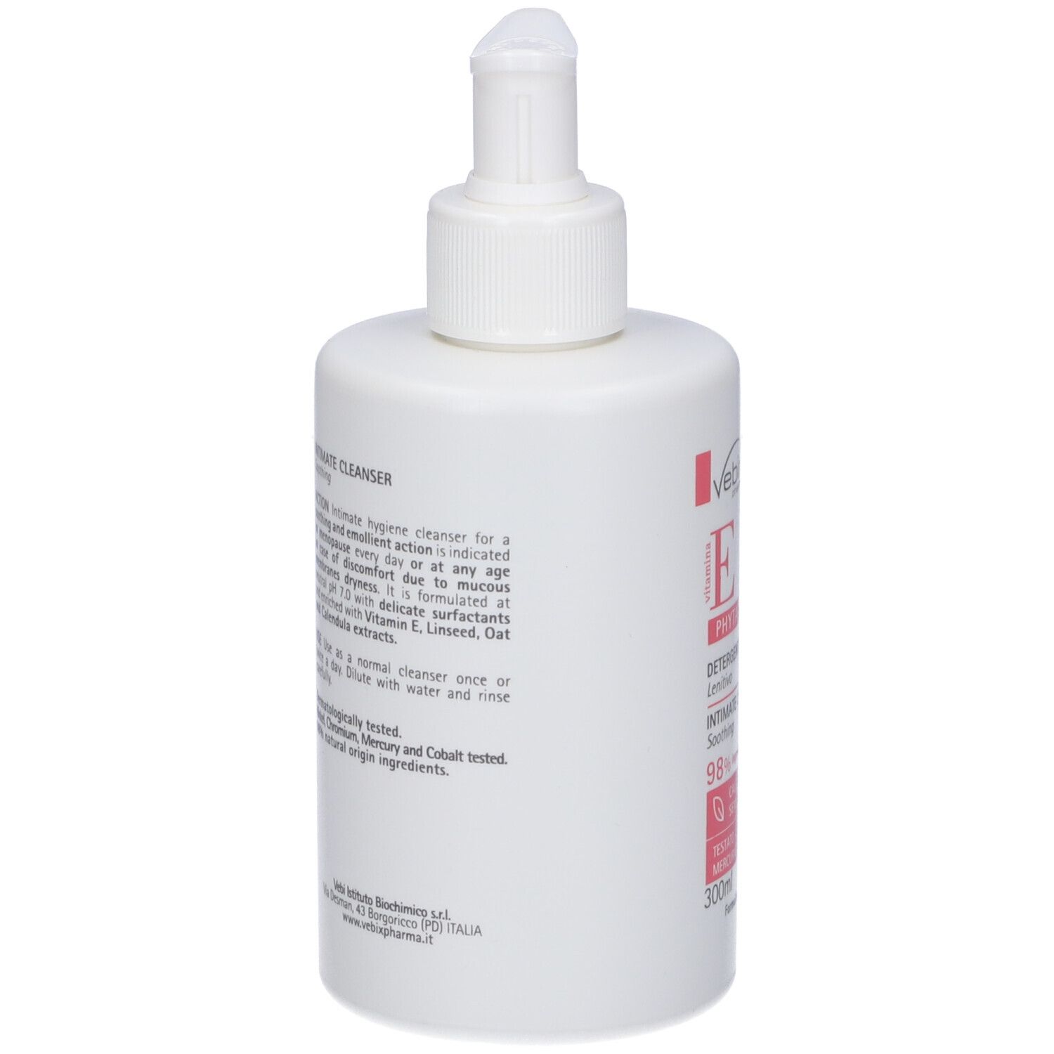 Flacone bianco con dosatore. Testo in italiano. Retro con informazioni e ingredienti.