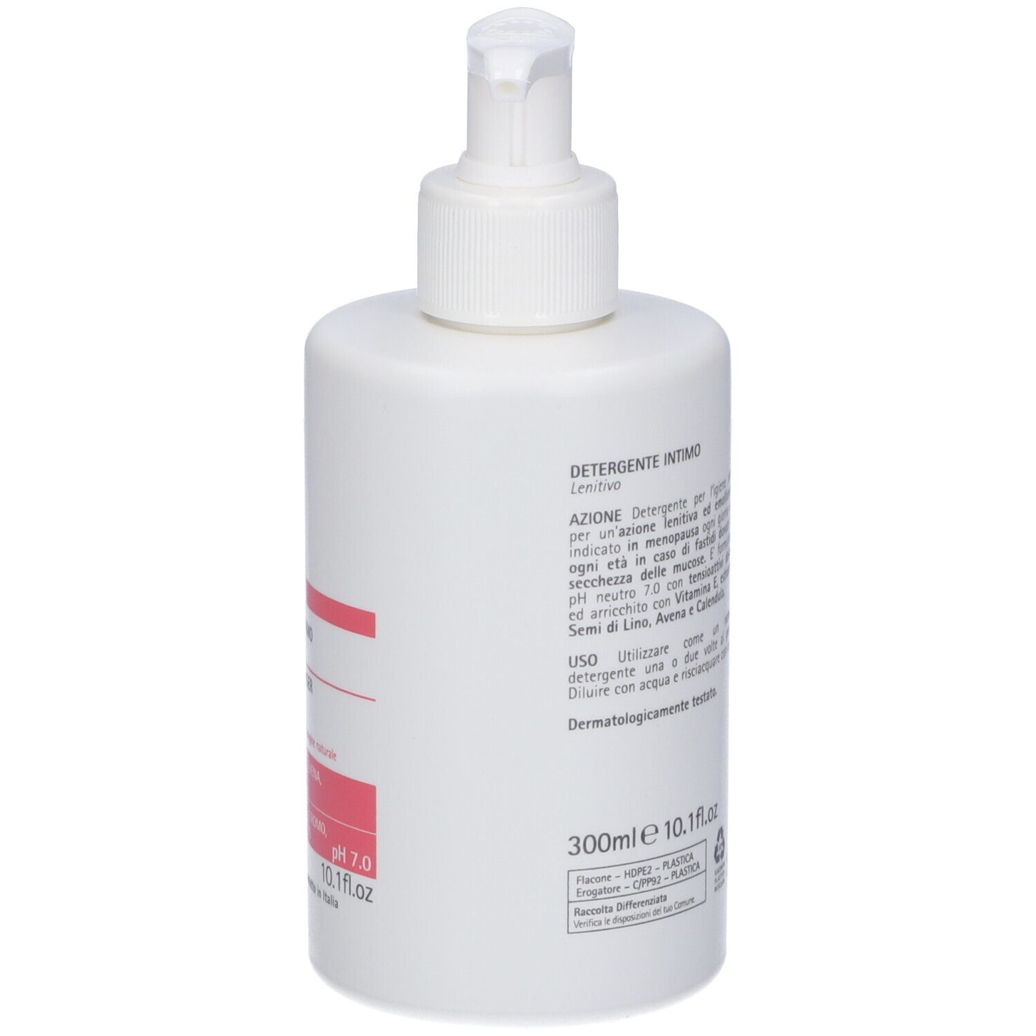 Flacone bianco con dosatore. Testo in italiano. Retro con informazioni e ingredienti.