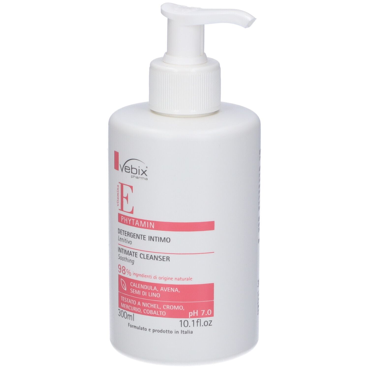 Flacone bianco con dosatore. Etichetta con nome prodotto, ingredienti e pH. Testo in italiano.