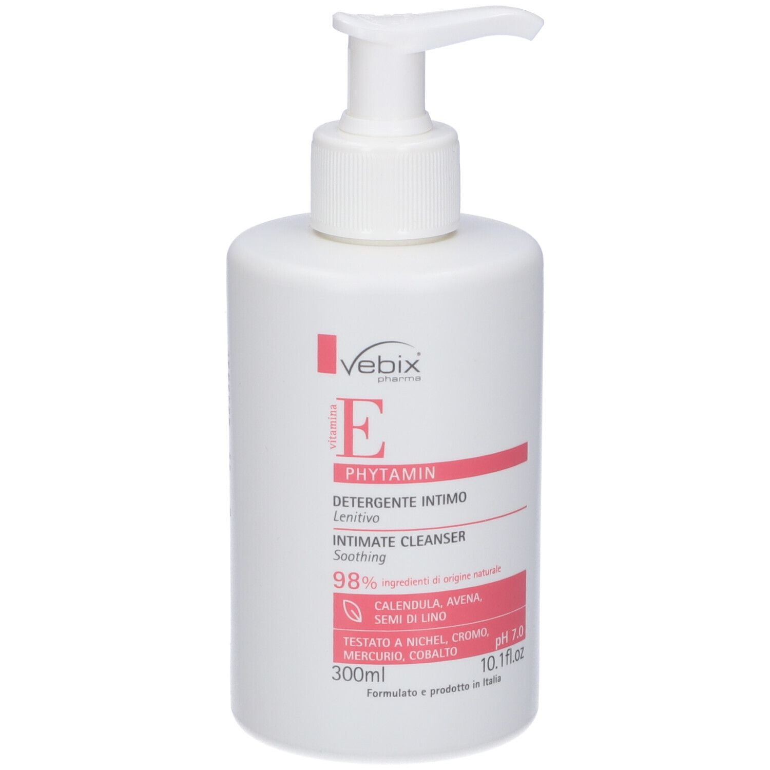 Flacone bianco con dosatore. Etichetta con nome prodotto, ingredienti e pH. Testo in italiano.