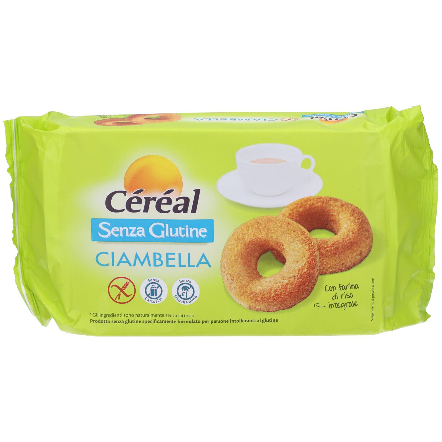Confezione Cereal Senza Glutine Ciambella. Verde, con immagine prodotto e logo. Sigillo senza glutine.