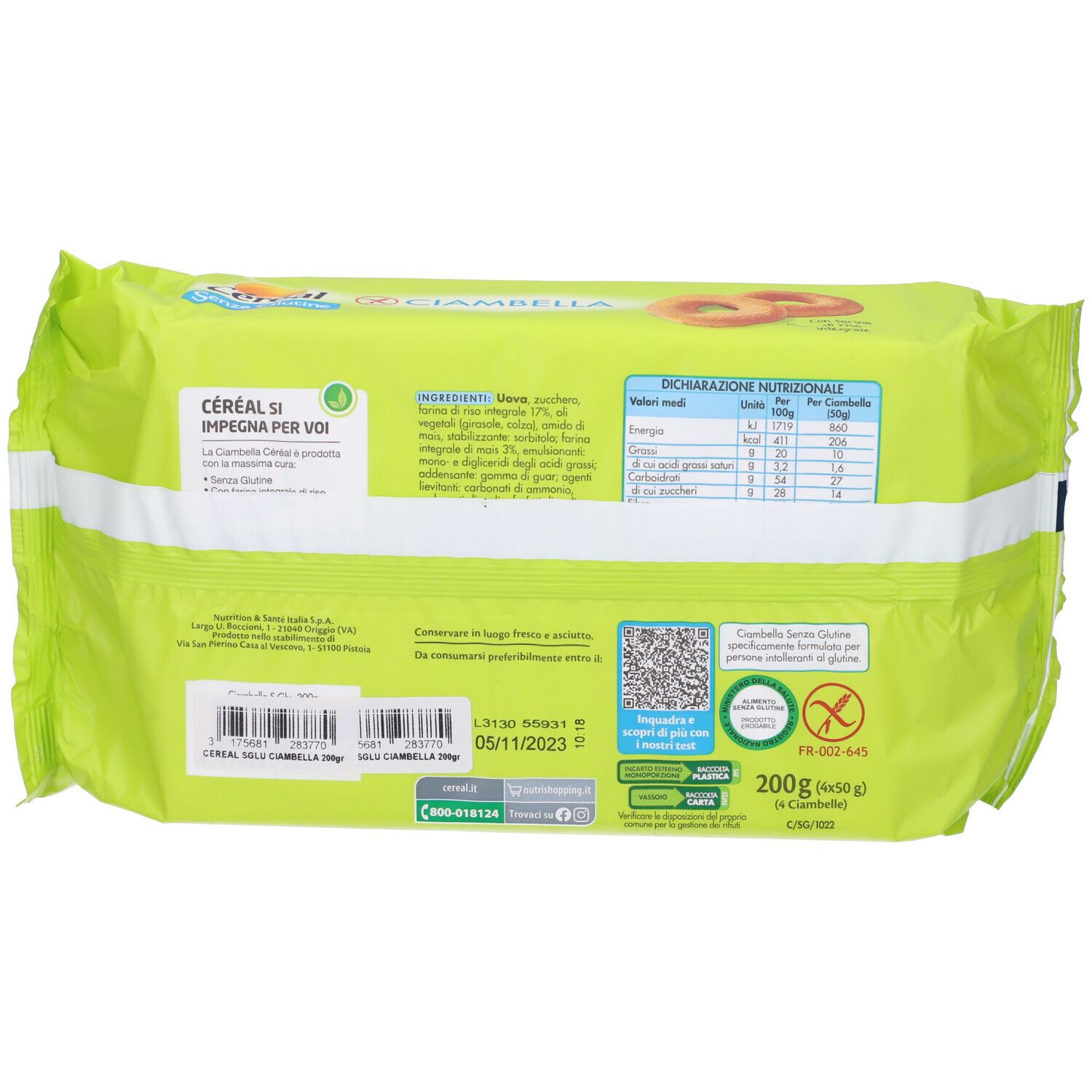 Retro confezione Cereal Senza Glutine Ciambella. Confezione verde con testo e informazioni nutrizionali.
