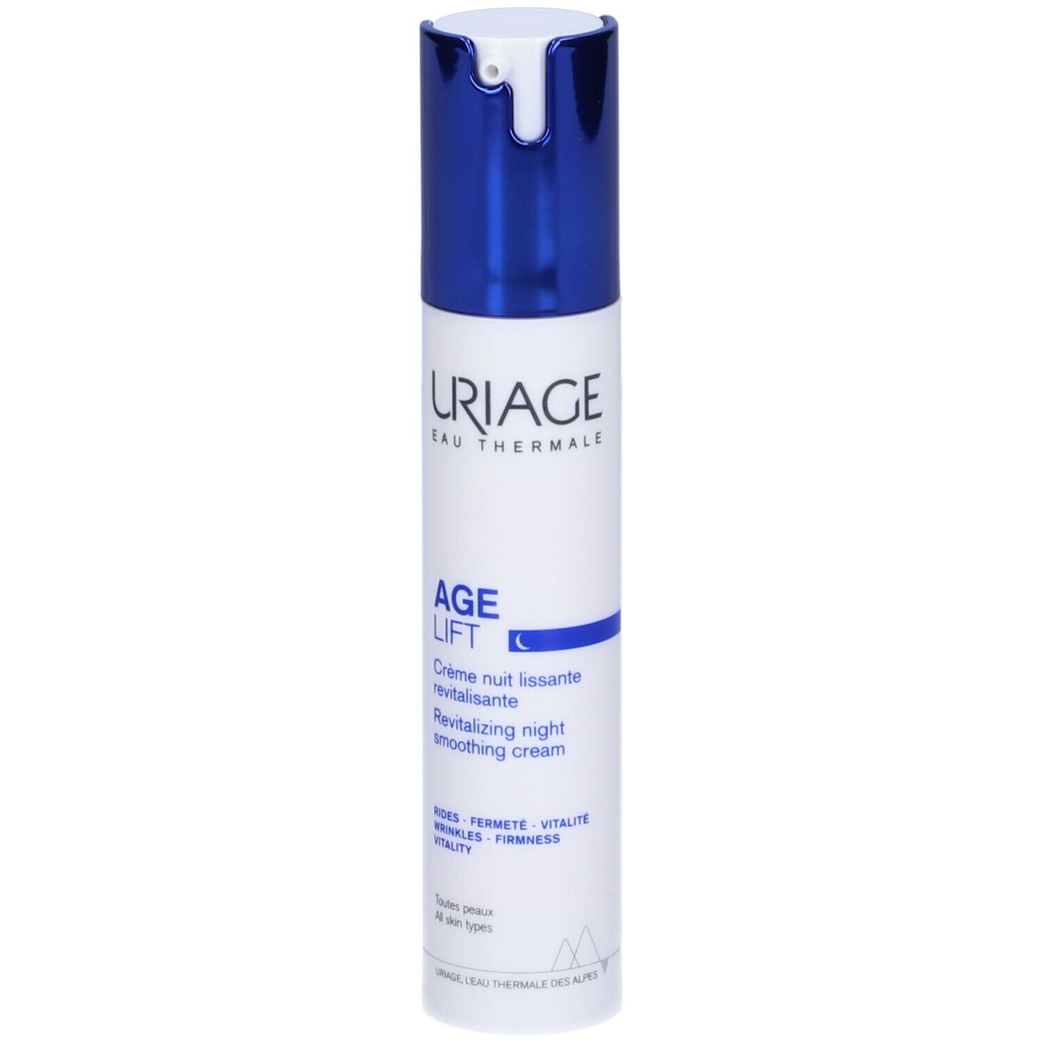 Tubo bianco e blu. Scritta: URIAGE, AGE LIFT, Crème nuit lissante revitalisante. Crema notte.