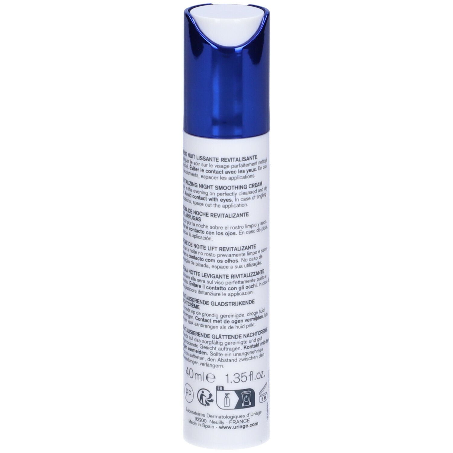 Retro del tubo. Testo multilingue. Scritta: 40ml, 1.35 fl.oz.