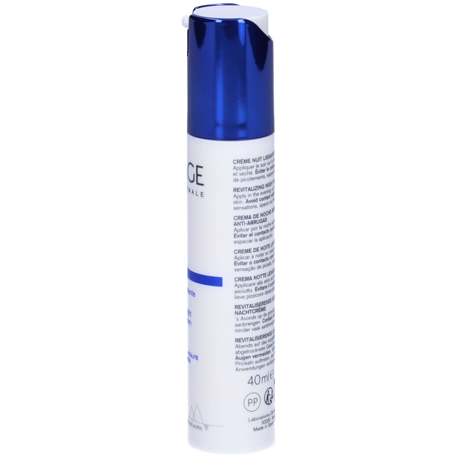 Retro del tubo. Testo multilingue. Scritta: 40ml, 1.35 fl.oz.