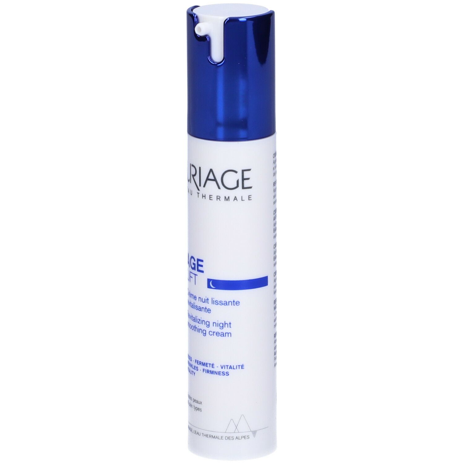 Tubo bianco e blu. Scritta: URIAGE, AGE LIFT, Crème nuit lissante revitalisante. Crema notte.