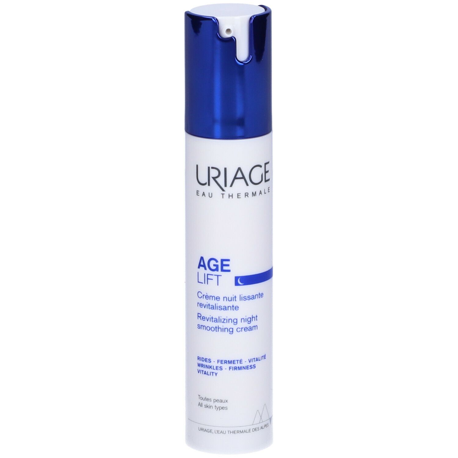 Tubo bianco e blu. Scritta: URIAGE, AGE LIFT, Crème nuit lissante revitalisante. Crema notte.