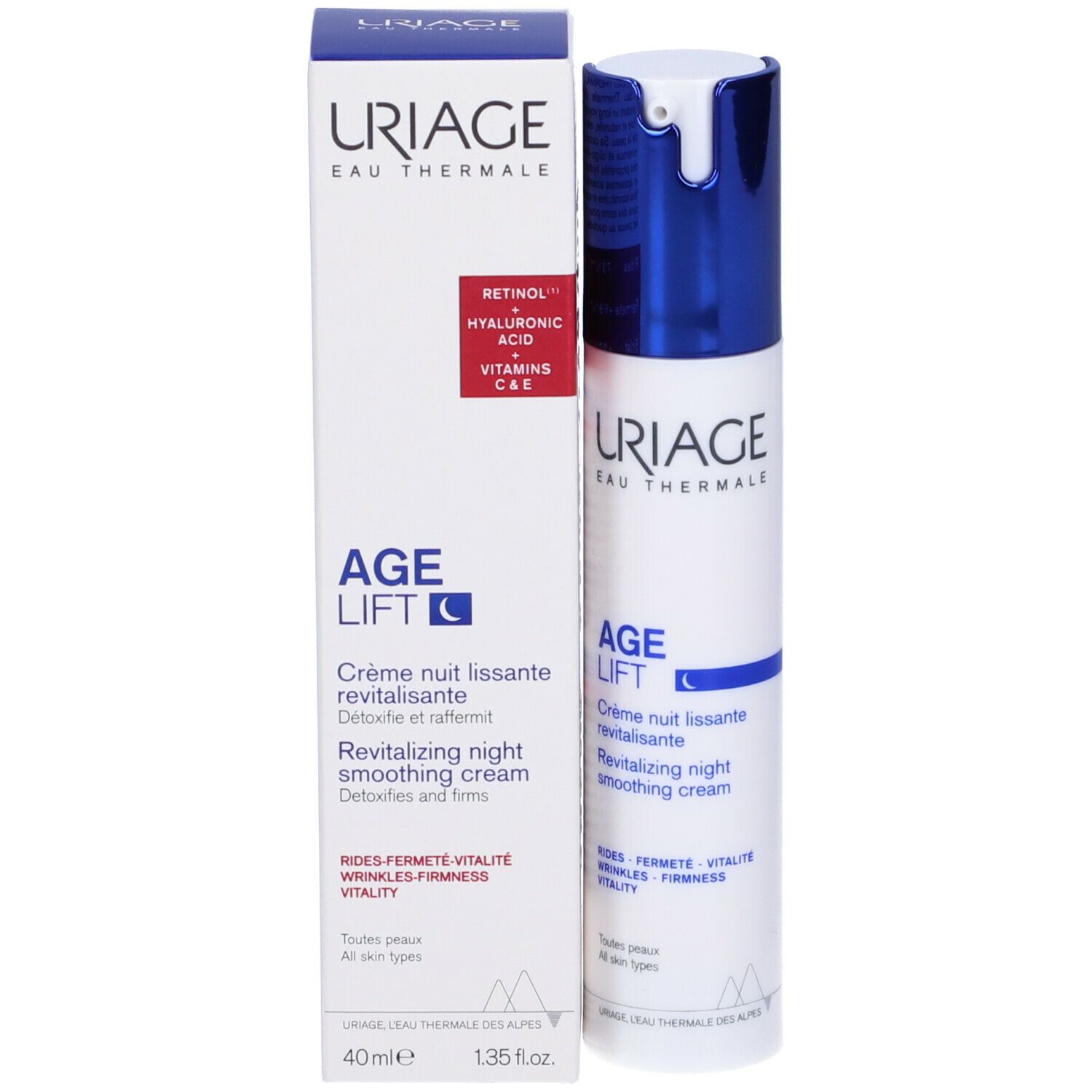 Tubo e confezione. Scritta: URIAGE, AGE LIFT, Crème nuit lissante revitalisante. Retinolo + Acido ialuronico.