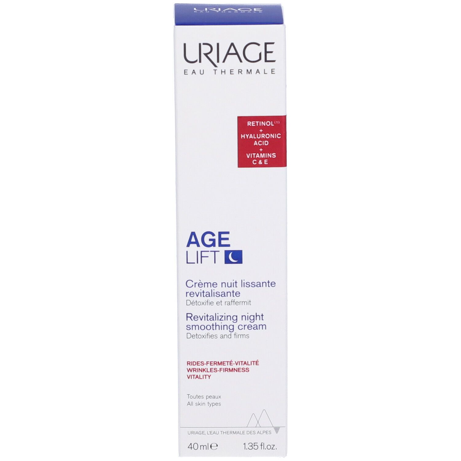 Confezione. Scritta: URIAGE, AGE LIFT, Crème nuit lissante revitalisante. Retinolo + Acido ialuronico.