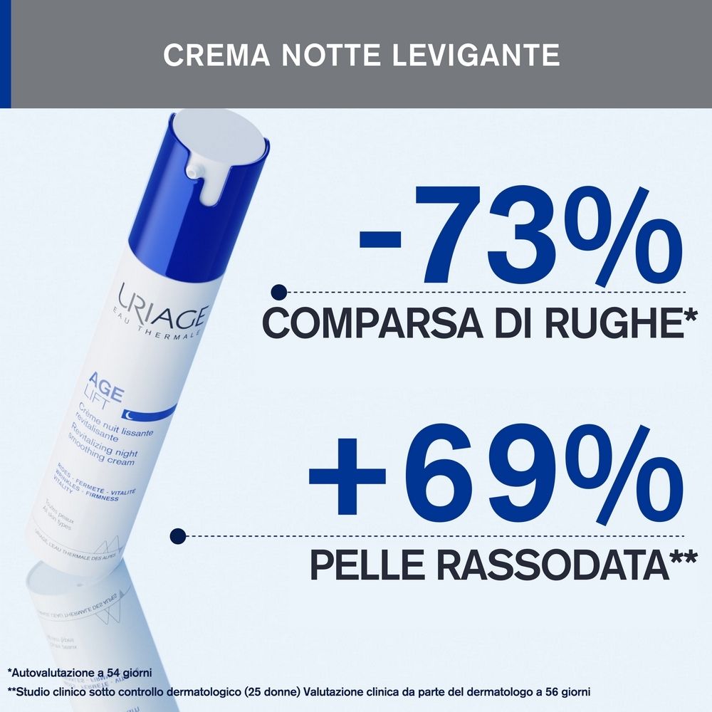 Tubo e testo. -73% Comparsa di rughe, +69% Pelle rassodata. Scritta: URIAGE, AGE LIFT, Crème nuit.