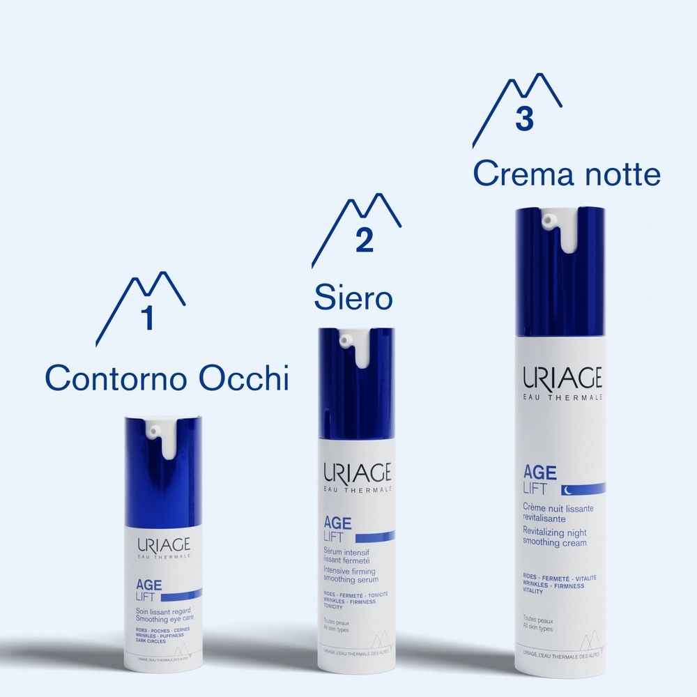 Tre prodotti: Contorno Occhi, Siero, Crème notte. Scritta: URIAGE, AGE LIFT.