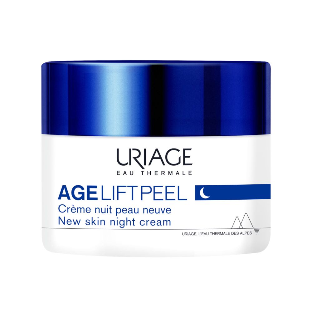 Vaso di crema con coperchio blu. Scritta: URIAGE, AGE LIFT PEEL, Crème nuit peau neuve, New skin night cream.