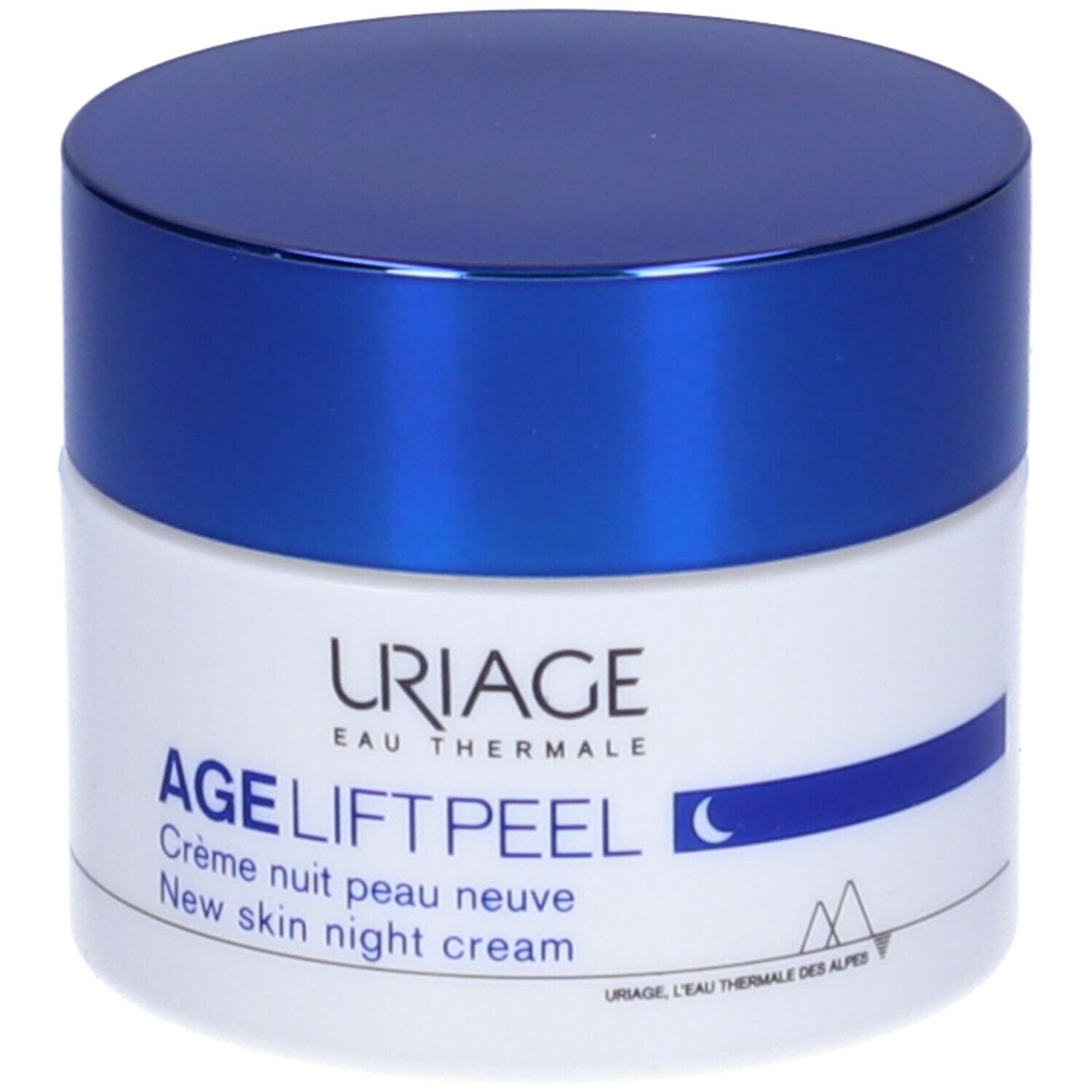 Vaso di crema con coperchio blu. Scritta: URIAGE, AGE LIFT PEEL, Crème nuit peau neuve, New skin night cream.