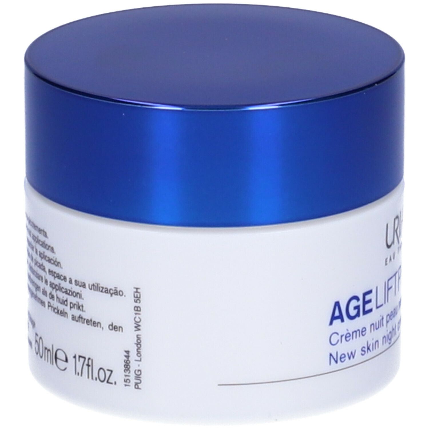 Vaso di crema con coperchio blu. Scritta: URIAGE, AGE LIFT PEEL, Crème nuit peau neuve, New skin night cream.