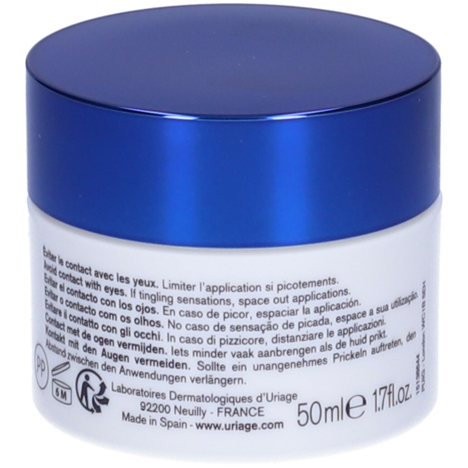 Vaso di crema con coperchio blu. Scritta: URIAGE, AGE LIFT PEEL, Crème nuit peau neuve, New skin night cream.