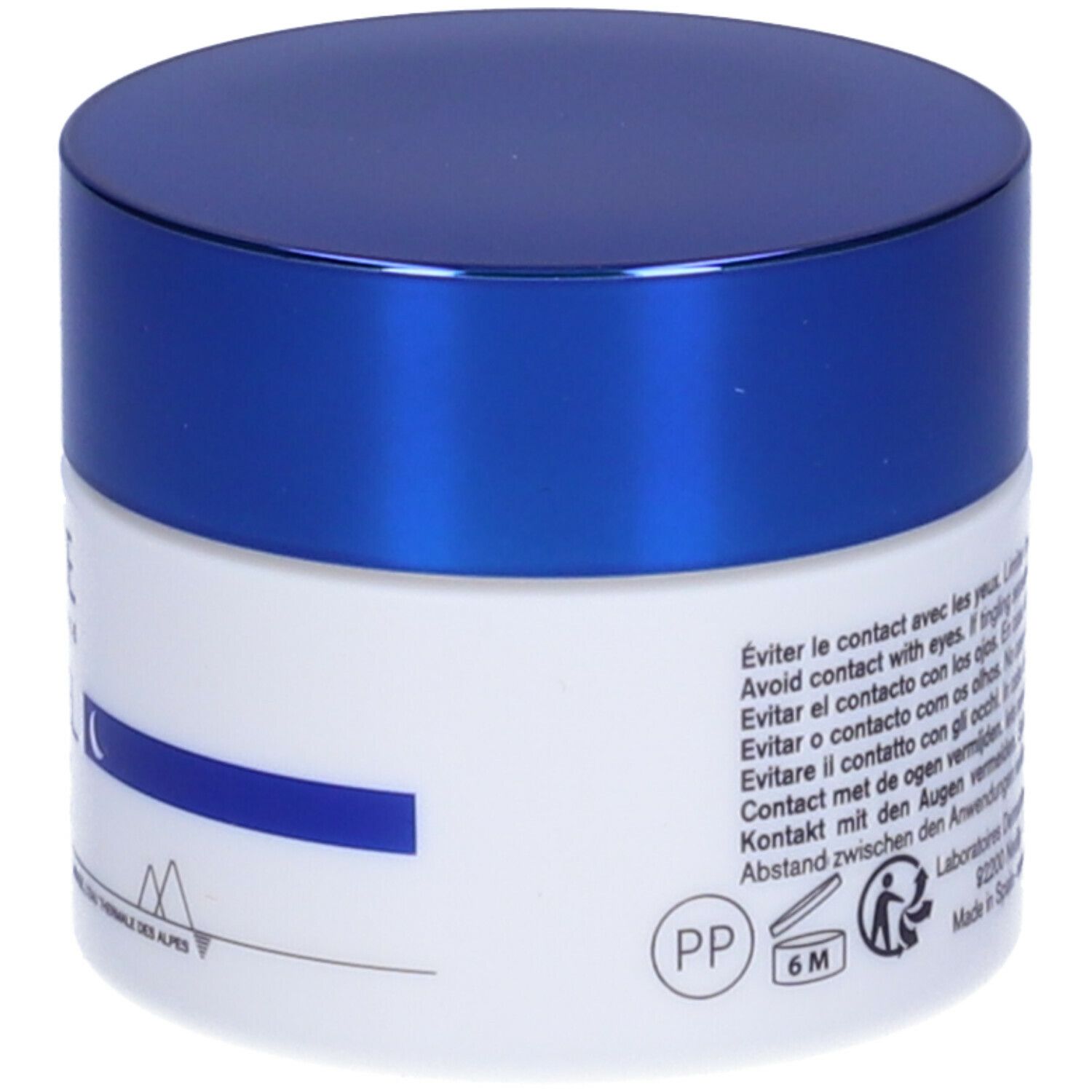 Vaso di crema con coperchio blu. Scritta: URIAGE, AGE LIFT PEEL, Crème nuit peau neuve, New skin night cream.