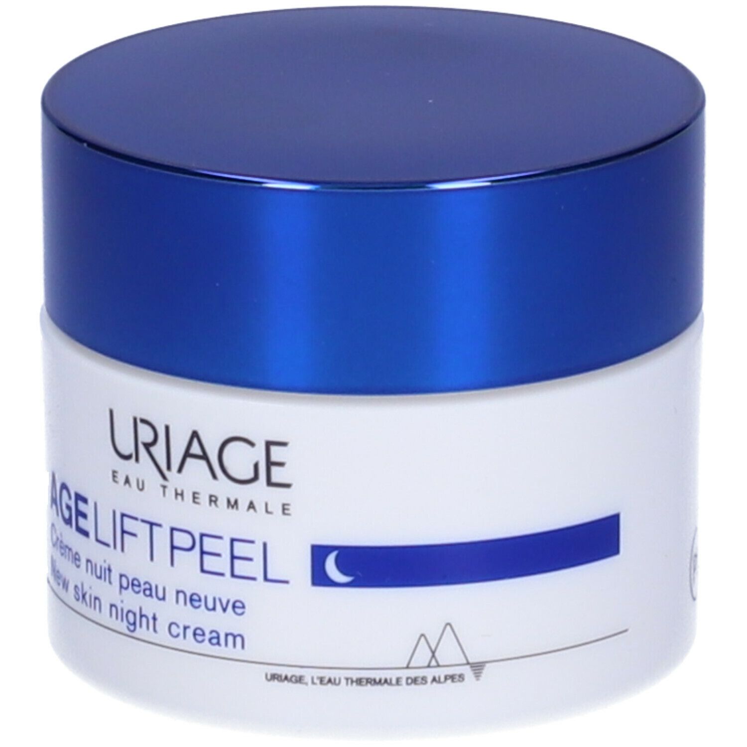 Vaso di crema con coperchio blu. Scritta: URIAGE, AGE LIFT PEEL, Crème nuit peau neuve, New skin night cream.