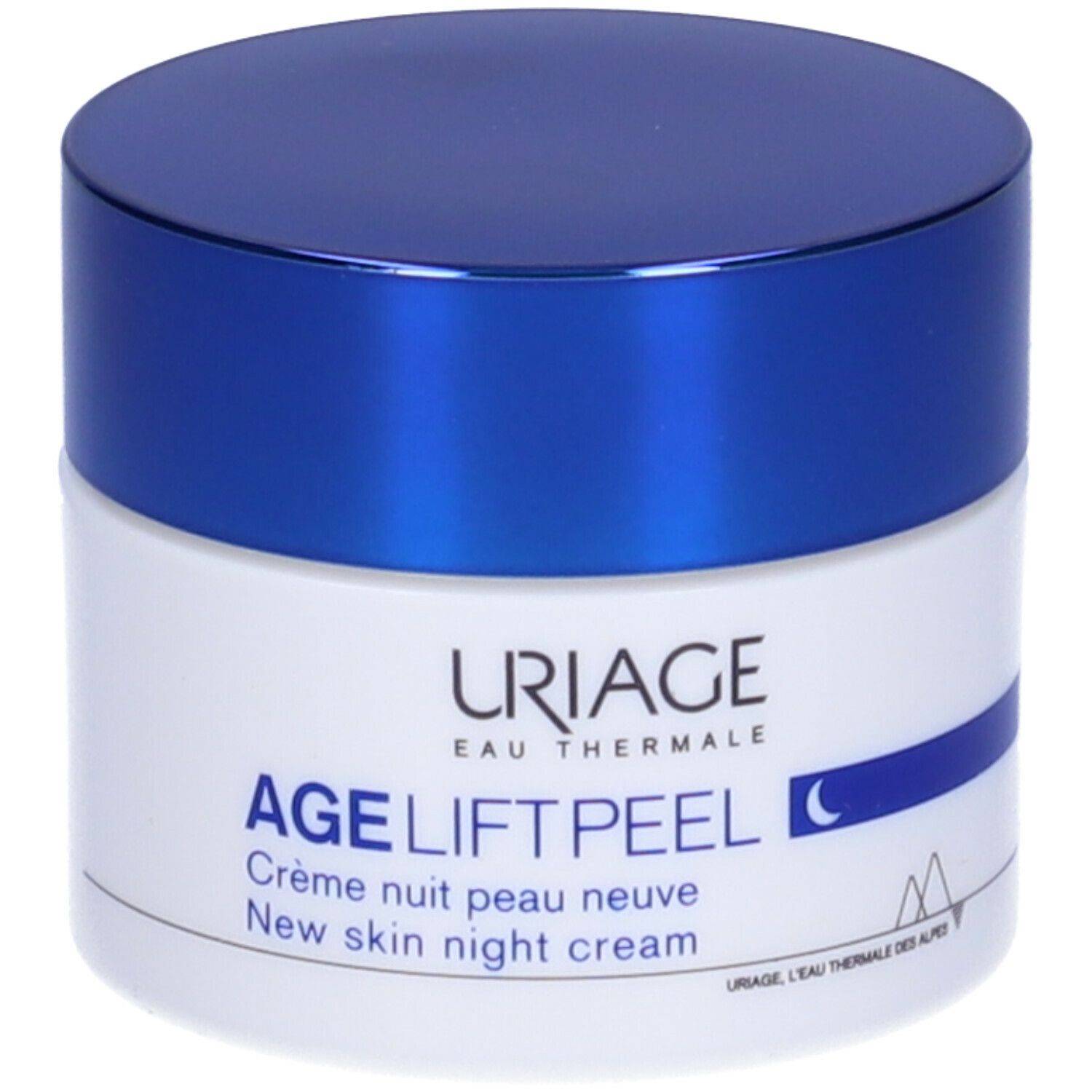 Vaso di crema con coperchio blu. Scritta: URIAGE, AGE LIFT PEEL, Crème nuit peau neuve, New skin night cream.