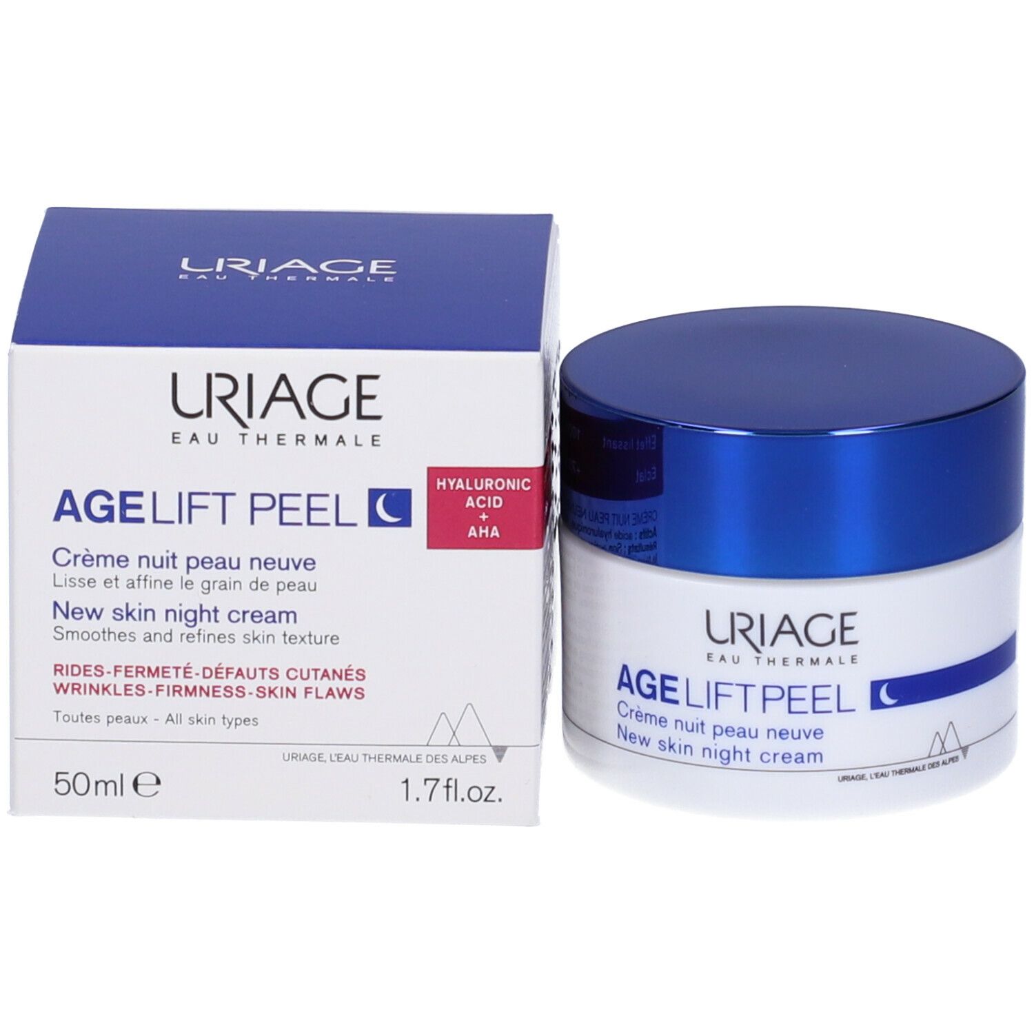 Confezione del prodotto e vaso di crema. Scritta: URIAGE, AGE LIFT PEEL, Crème nuit peau neuve, New skin night cream.