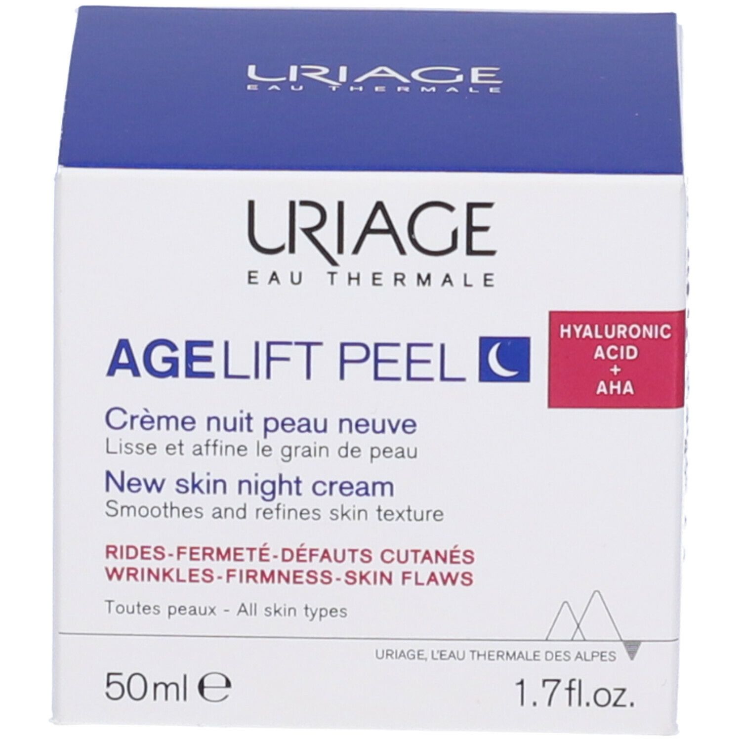Confezione del prodotto. Scritta: URIAGE, AGE LIFT PEEL, Crème nuit peau neuve, New skin night cream. 50ml 1.7fl.oz.
