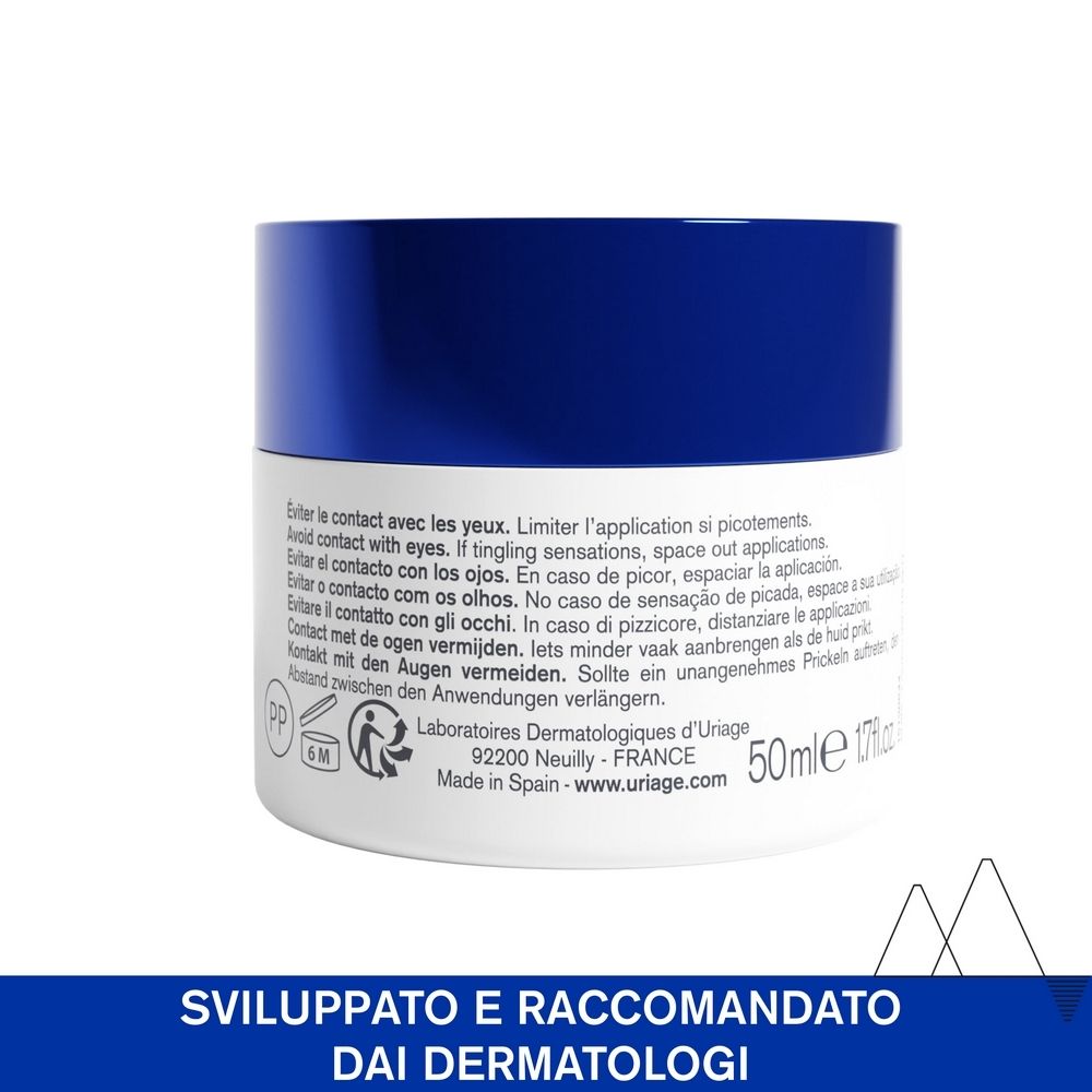Retro del vasetto di crema. Testo: Evitare il contatto con gli occhi. Laboratoires Dermatologiques d'Uriage. 50ml 1.7fl.oz.
