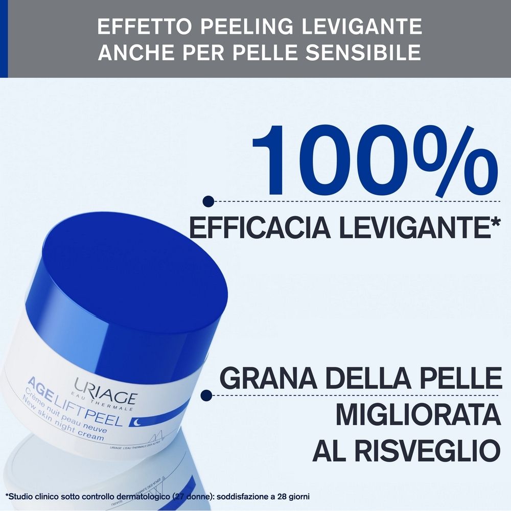 Vaso di crema con coperchio blu. Testo: 100% efficacia. Grana della pelle migliorata al risveglio. AGE LIFT PEEL.