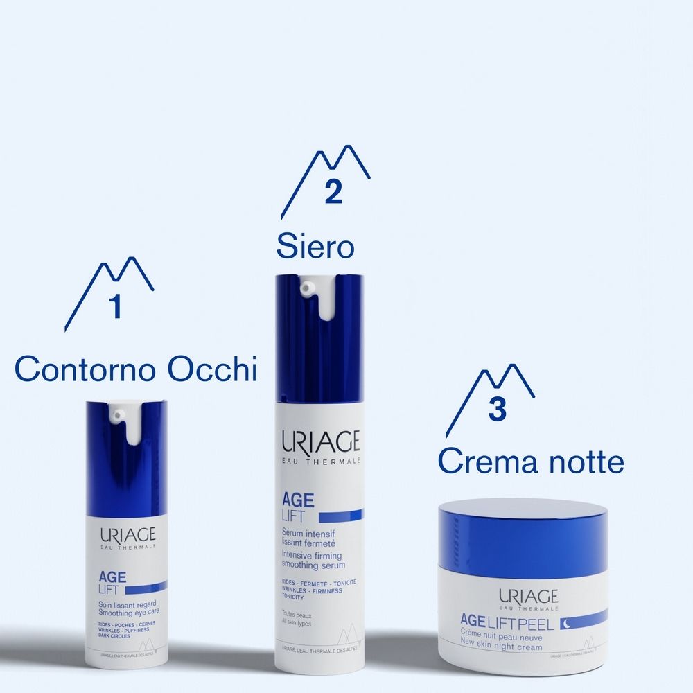 Tre prodotti: contorno occhi, siero, crema notte. URIAGE AGE LIFT. Flaconi e vasi blu.