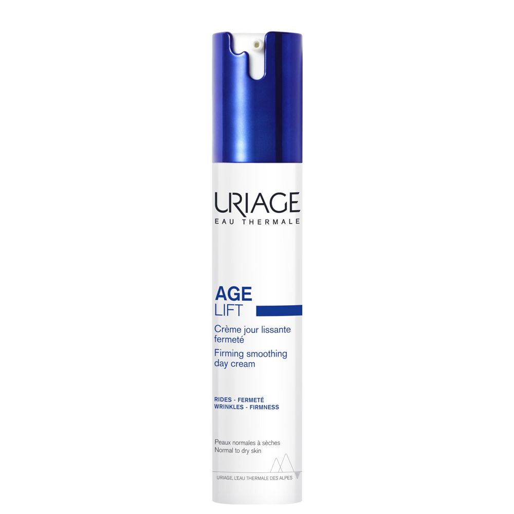 Tubo di crema giorno Uriage Age Lift. Bianco, tappo blu. Testo: Age Lift, Firming smoothing day cream.