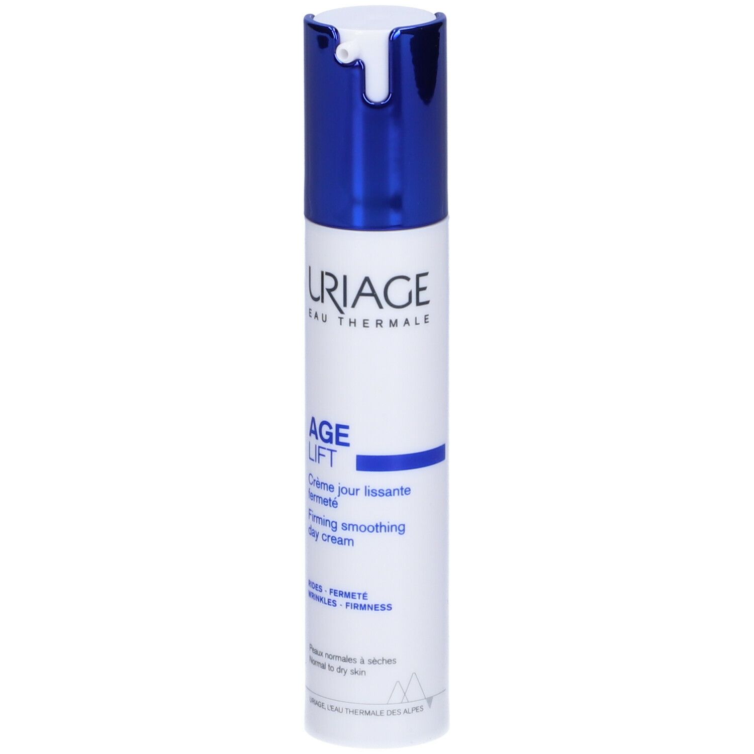 Uriage Age Lift crema giorno. Tubo bianco, tappo blu. Testo: Age Lift, Firming smoothing day cream.