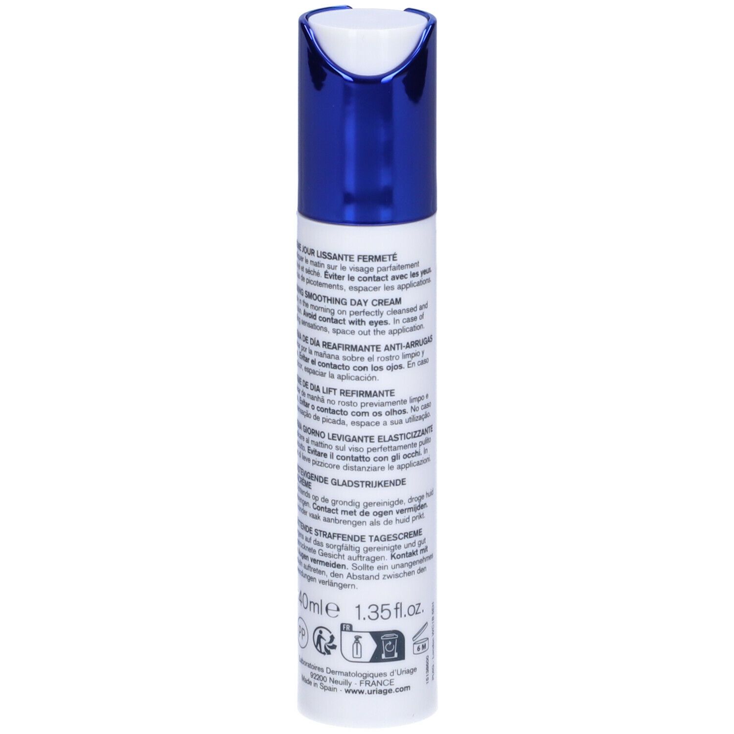 Uriage Age Lift crema giorno. Retro con testo. 40ml, 1.35 fl.oz. Testato dermatologicamente.