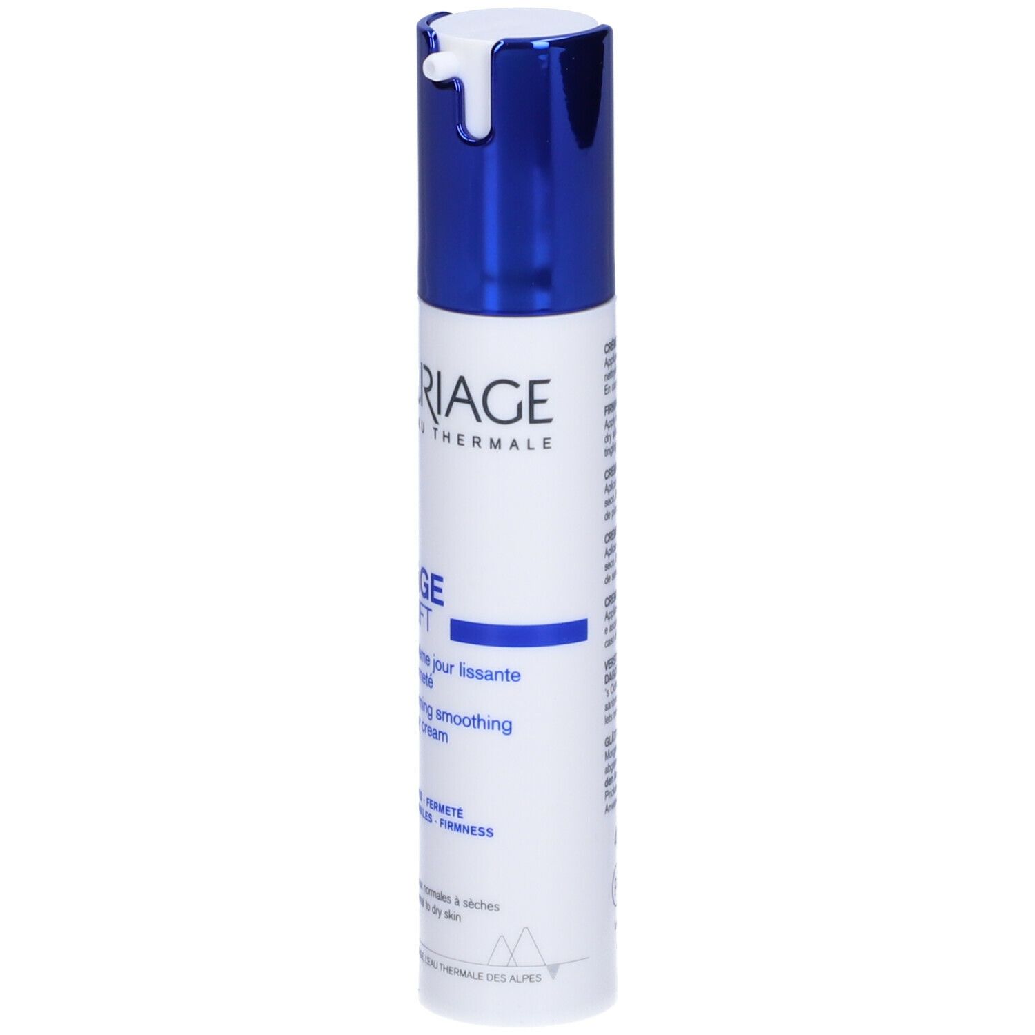 Uriage Age Lift crema giorno. Tubo bianco, tappo blu. Testo: Age Lift, Firming smoothing day cream.