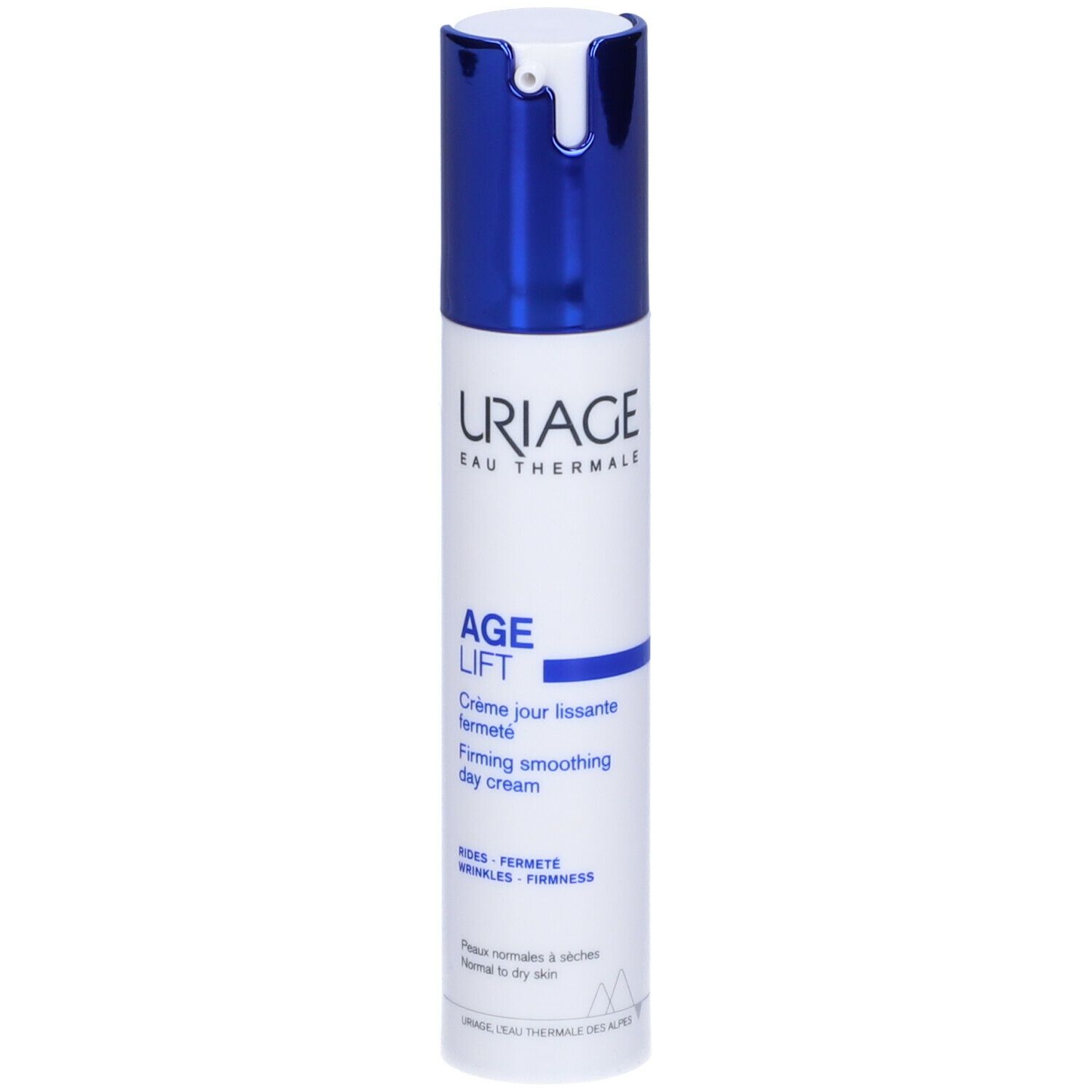 Uriage Age Lift crema giorno. Tubo bianco, tappo blu. Testo: Age Lift, Firming smoothing day cream.