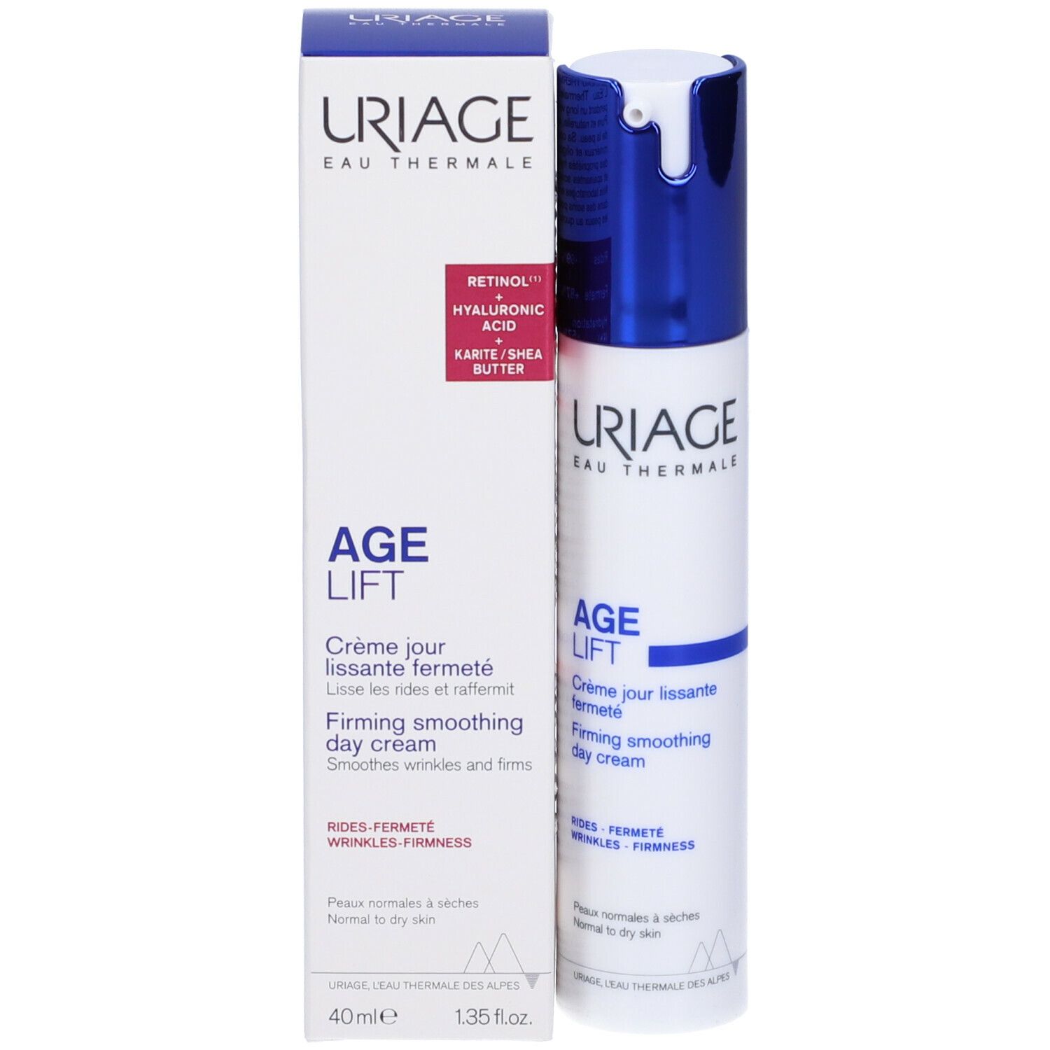 Uriage Age Lift crema giorno e confezione. Testo: Retinolo, Acido Ialuronico, Burro di Karité. 40ml, 1.35 fl.oz.