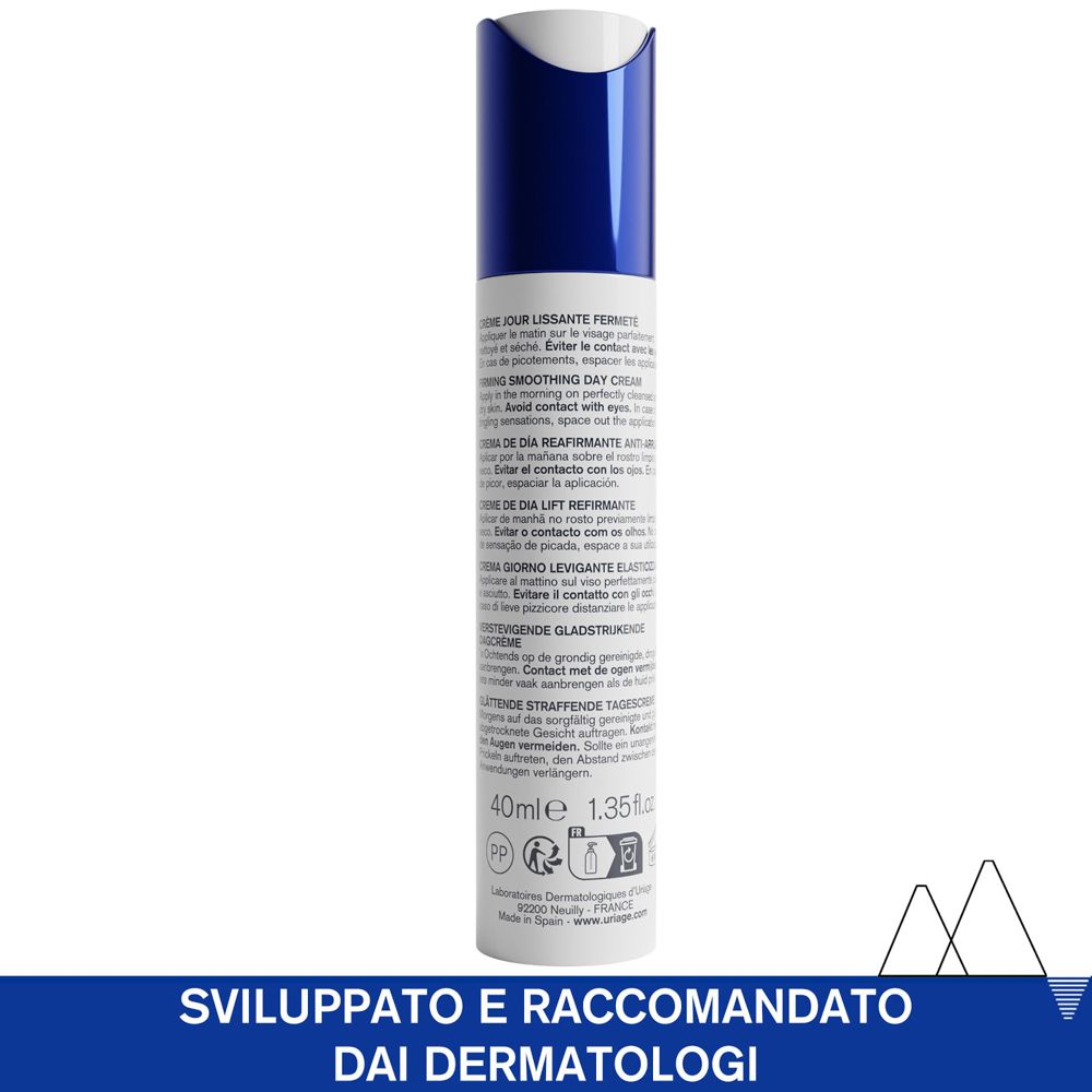 Retro della crema giorno Uriage Age Lift. Testo multilingue. 40ml, 1.35 fl.oz. Testato dermatologicamente.