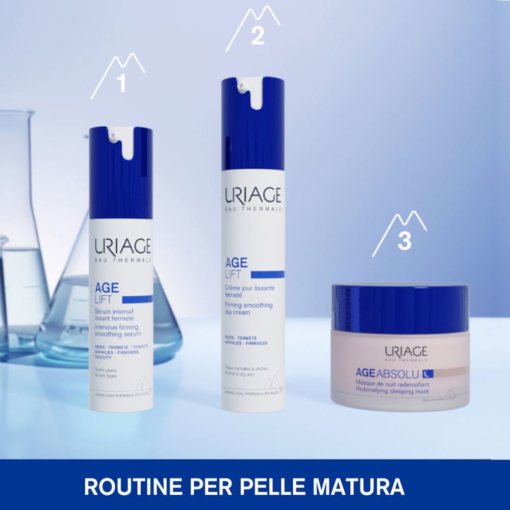 Tre prodotti Uriage: Siero, crema giorno, maschera notte. Testo: Routine per pelle matura.