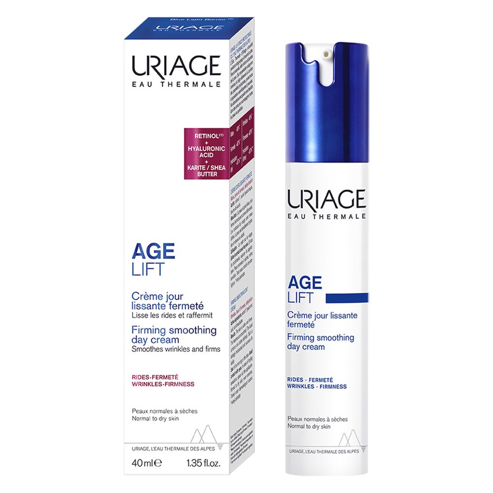 Uriage Age Lift crema giorno e confezione. Testo: Retinolo, Acido Ialuronico, Burro di Karité. 40ml, 1.35 fl.oz.