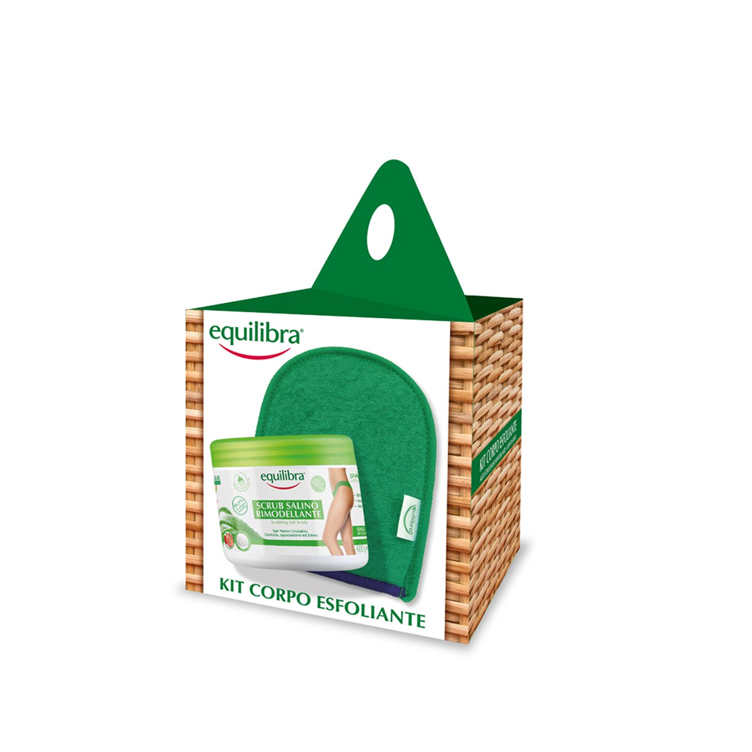 Equilibra® Kit Corpo Esfoliante. Scatola con immagine prodotto e manico verde. Contiene scrub e guanto esfoliante.