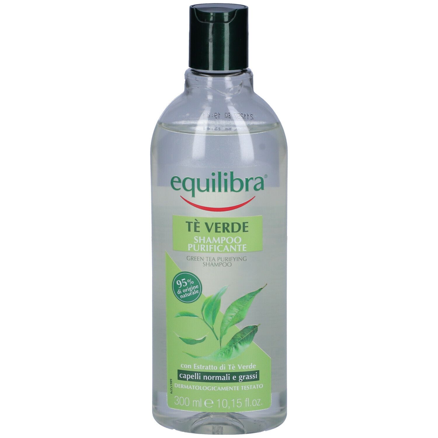Flacone trasparente con etichetta verde. Contiene shampoo. Scritta: Equilibra, Tè Verde Shampoo Purificante.