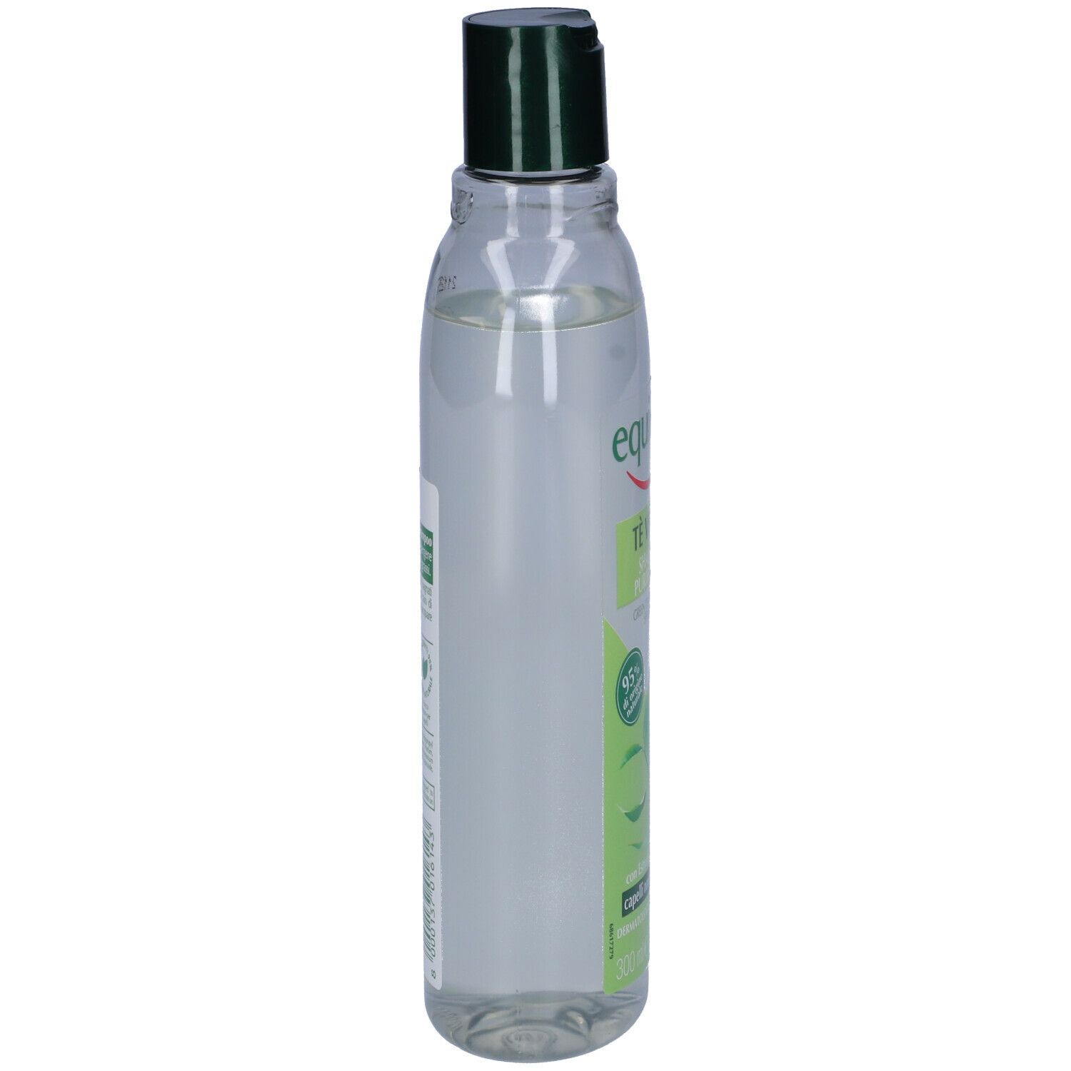 Flacone trasparente con etichetta verde. Contiene shampoo. Scritta: Equilibra, Tè Verde Shampoo Purificante.