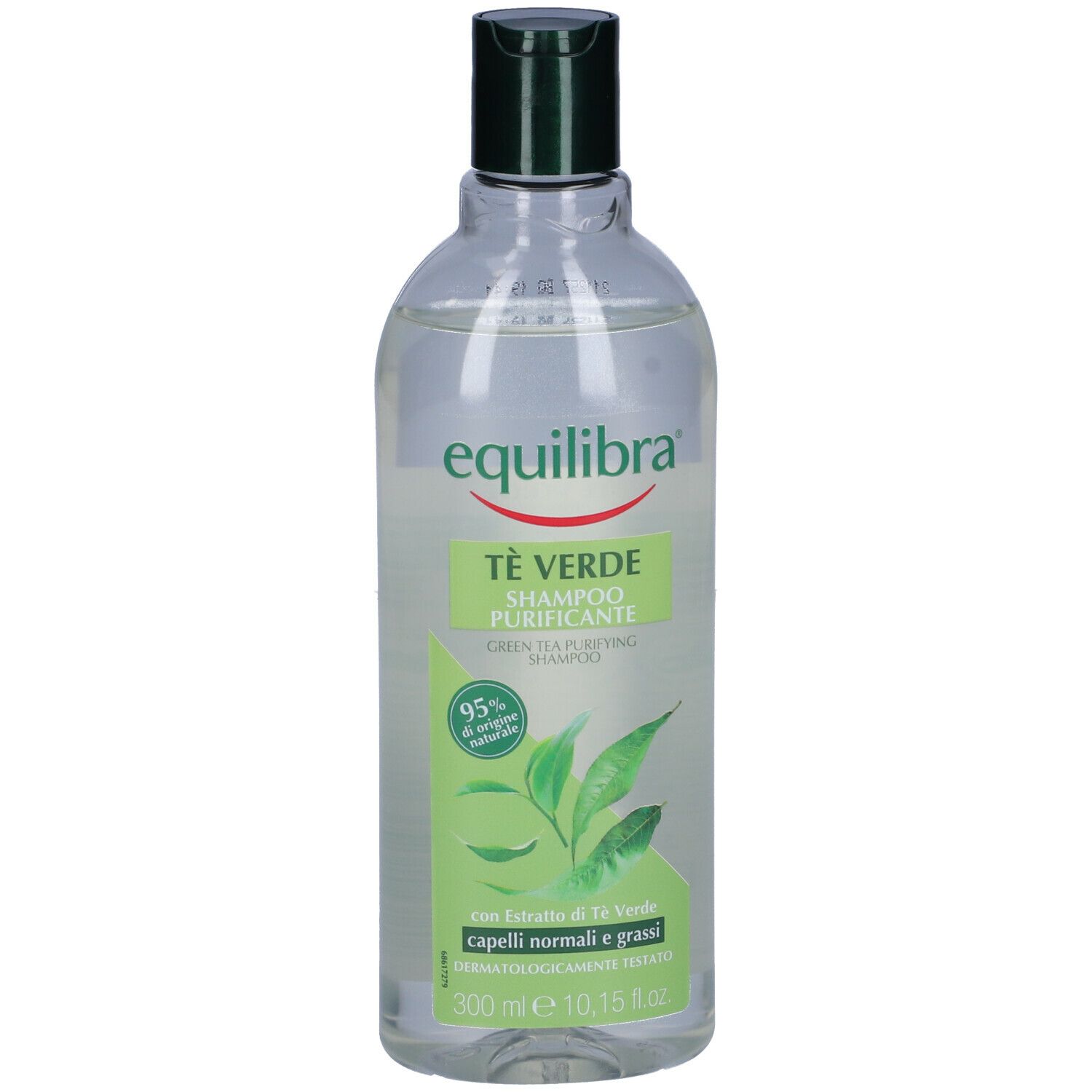 Flacone trasparente con etichetta verde. Contiene shampoo. Scritta: Equilibra, Tè Verde Shampoo Purificante.