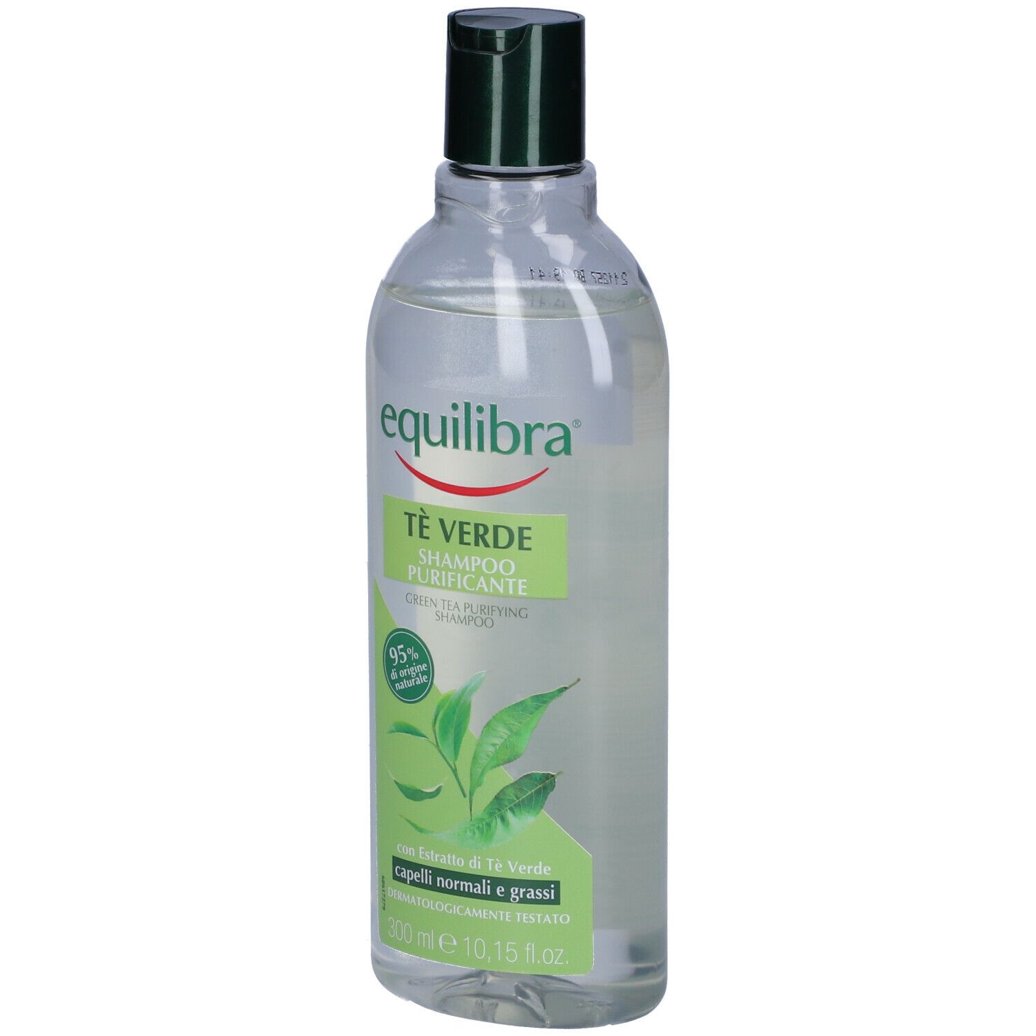 Flacone trasparente con etichetta verde. Contiene shampoo. Scritta: Equilibra, Tè Verde Shampoo Purificante.