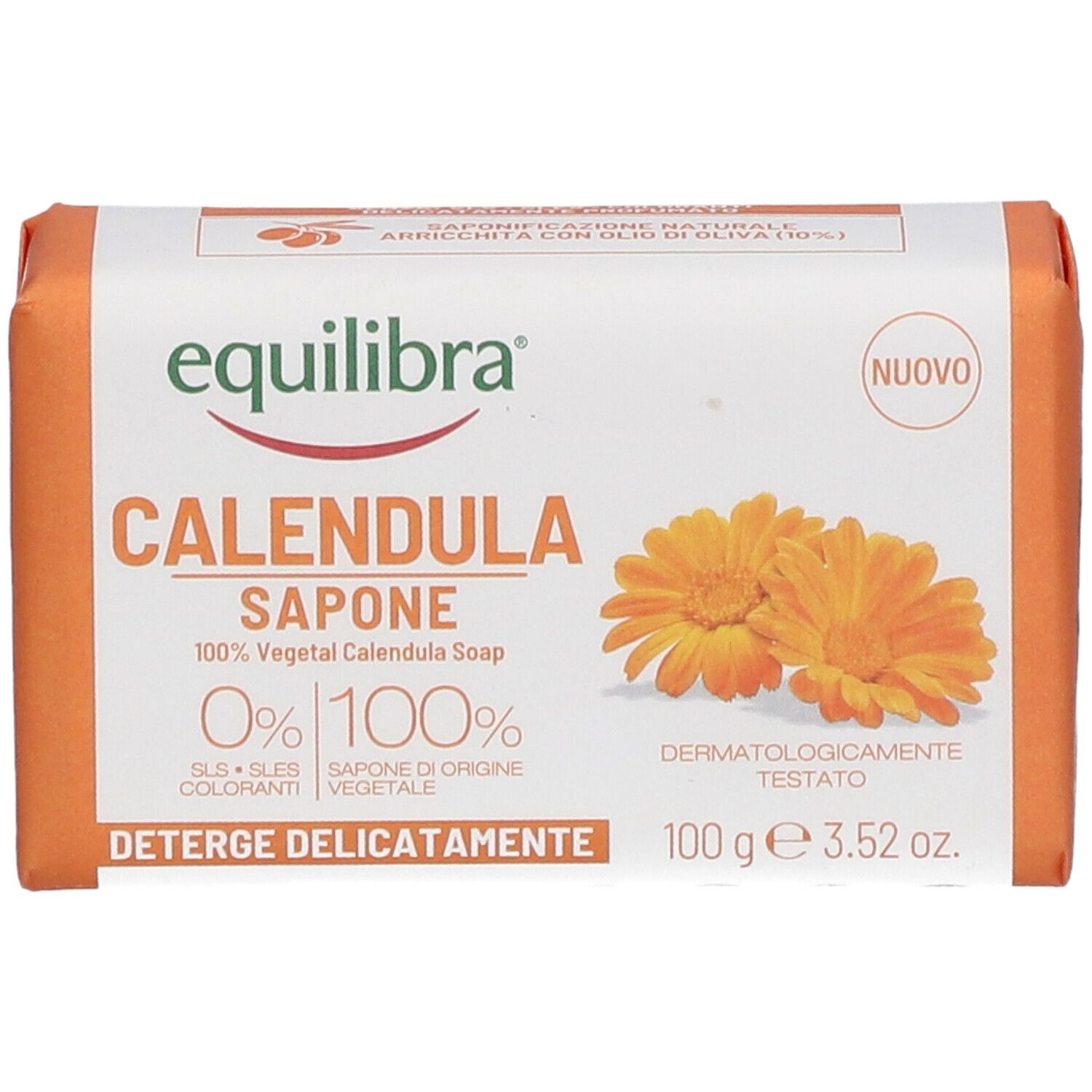 Sapone confezionato con 'equilibra' e 'CALENDULA SAPONE'. Confezione arancione, testo bianco e illustrazioni floreali.